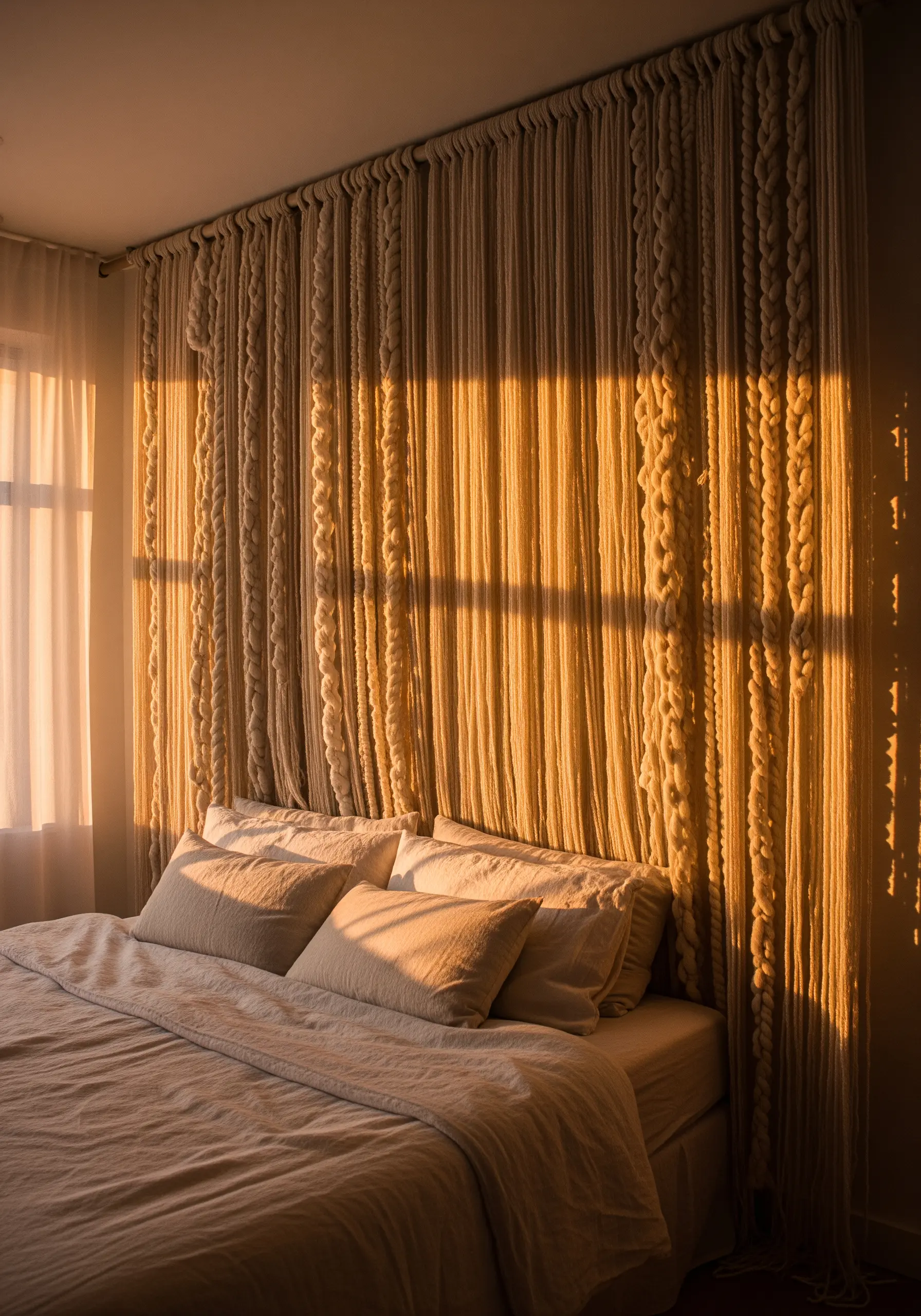 Wall covered in hanging beige yarn strands and braids
