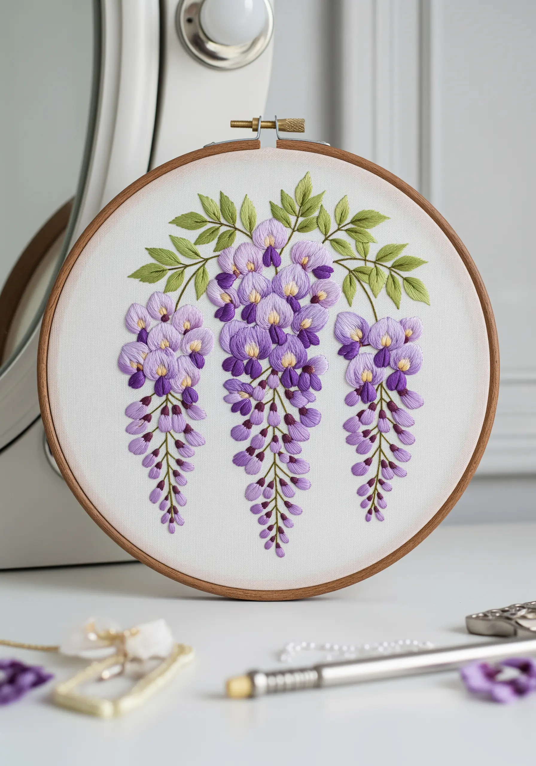 Detailed embroidery of wisteria flowers with a purple-to-lilac gradient on each blossom.