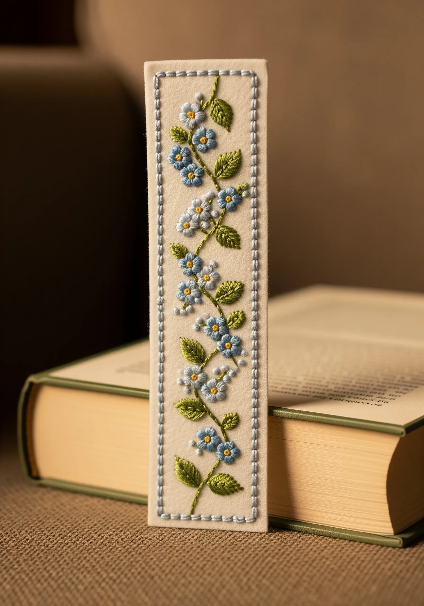 A handmade felt bookmark with an embroidered vine of blue forget-me-not flowers.