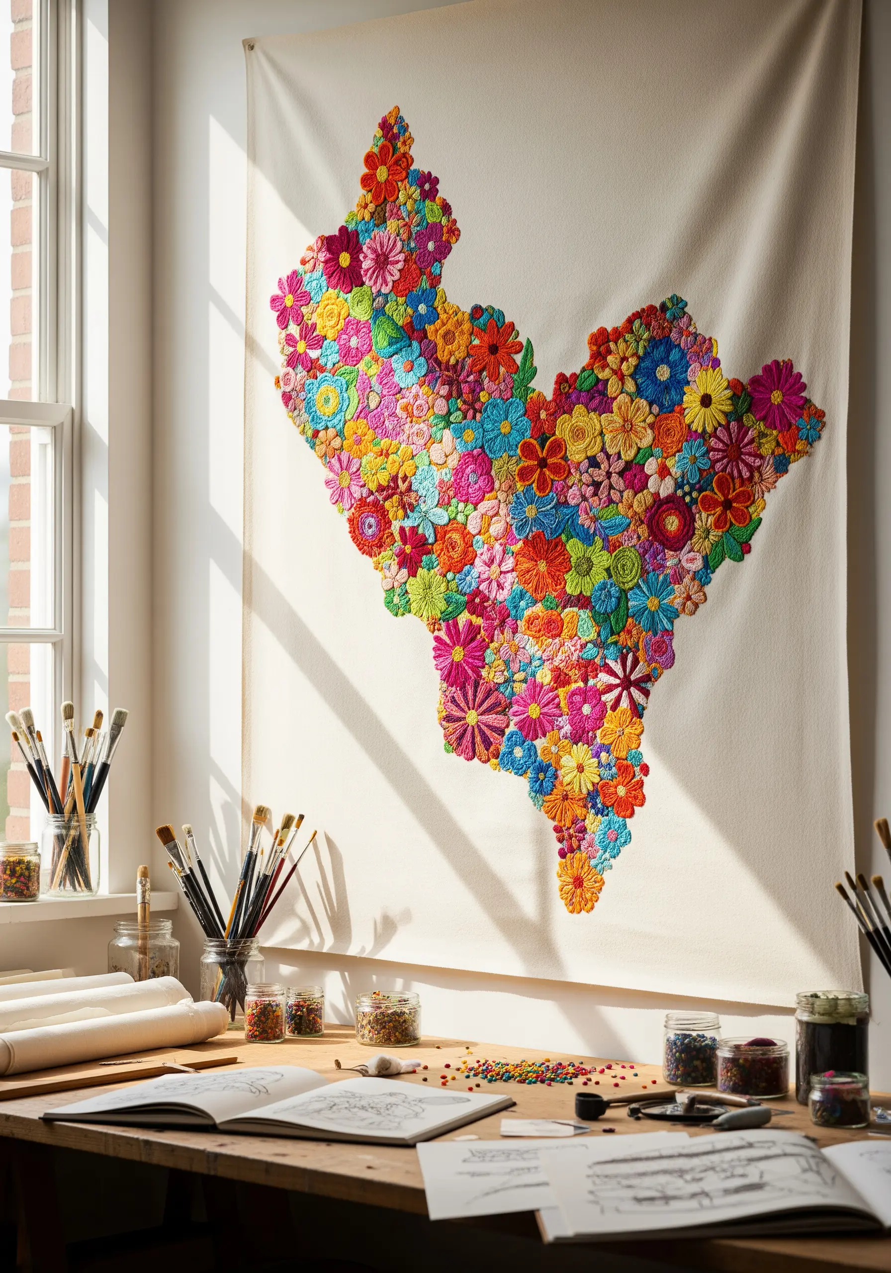 Large wall hanging of a map filled with flowers