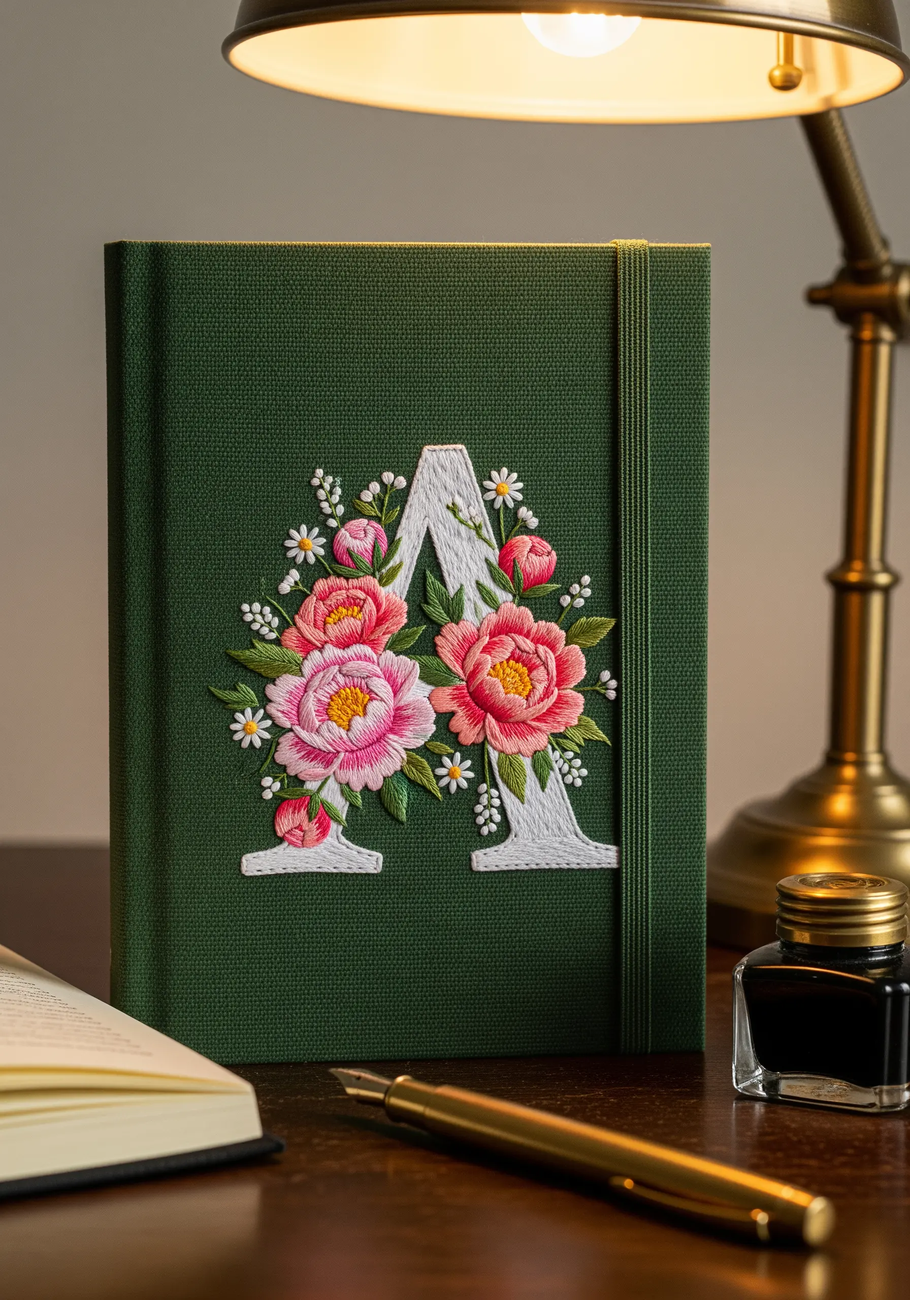 A floral letter 'A' embroidered with pink peonies on the cover of a green fabric-bound journal.