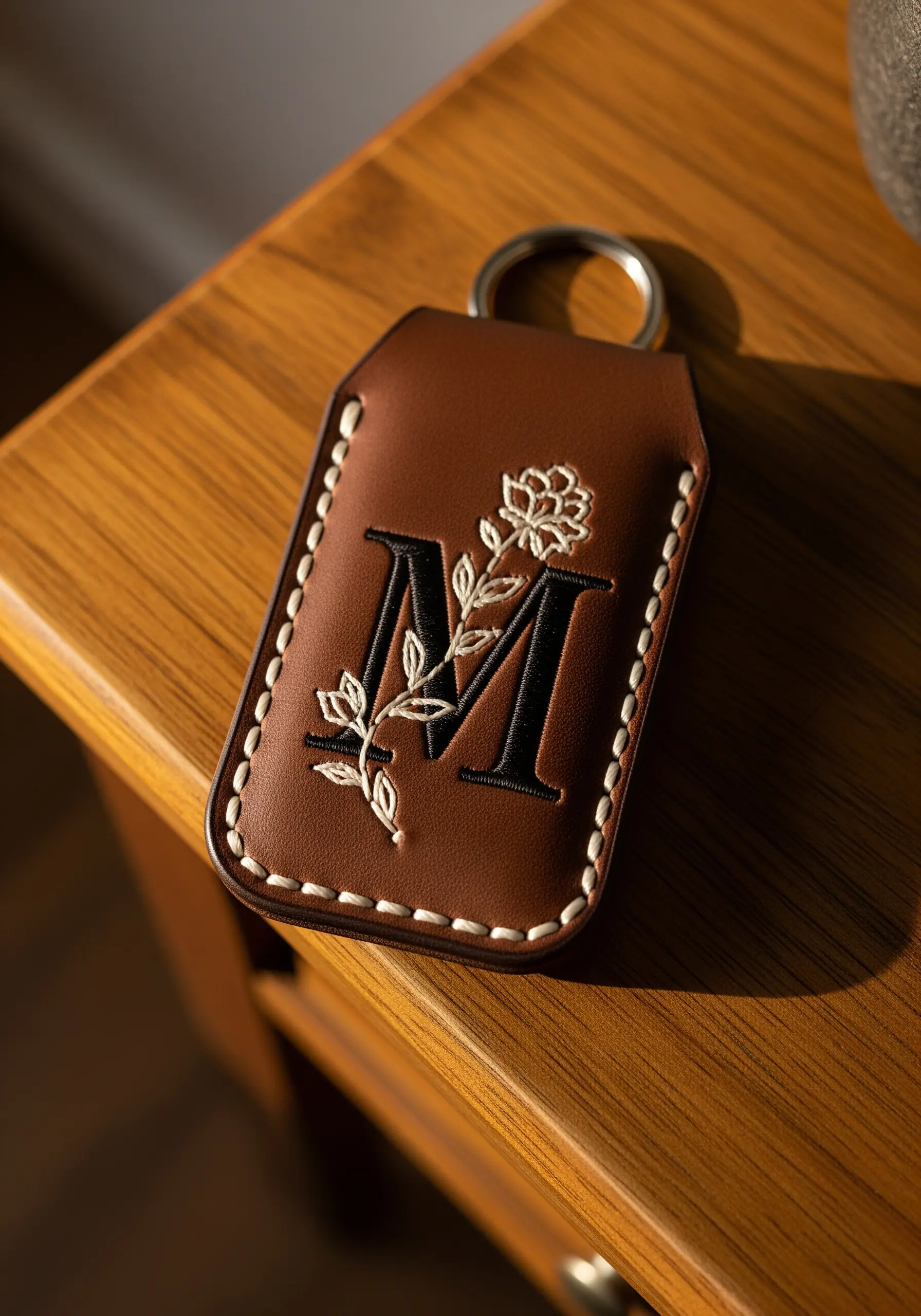 A brown leather keychain with the letter 'M' embroidered in black, intertwined with a white floral vine.