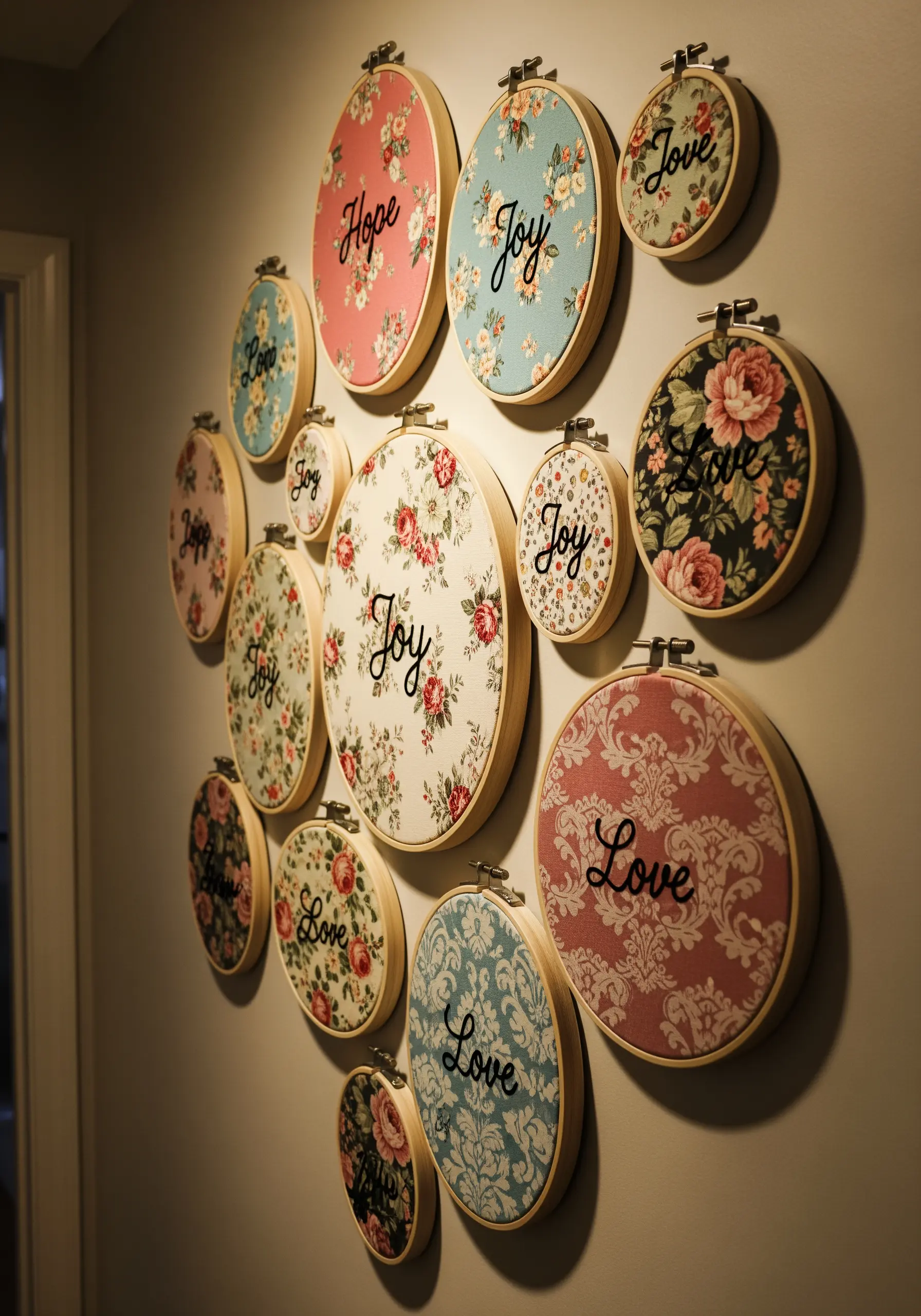 Floral typography embroidery spelling words like Joy and Love