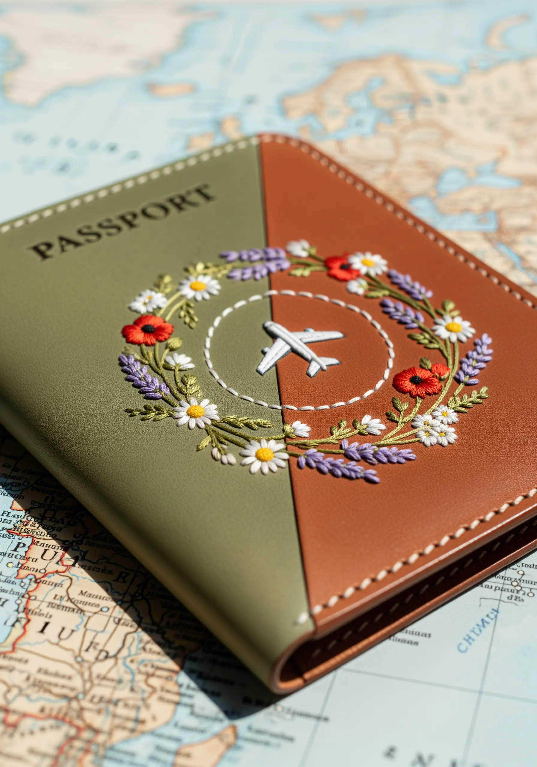 Passport cover with embroidered floral wreath and airplane