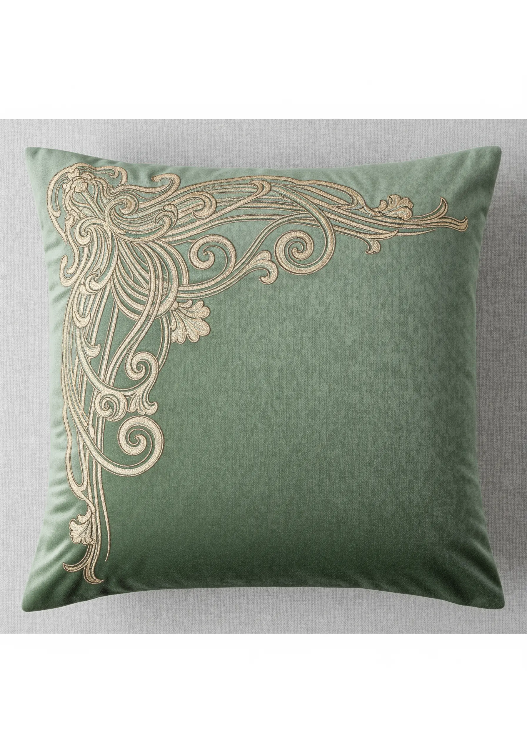 Art Nouveau-style corner flourish in gold thread on a sage green cushion.