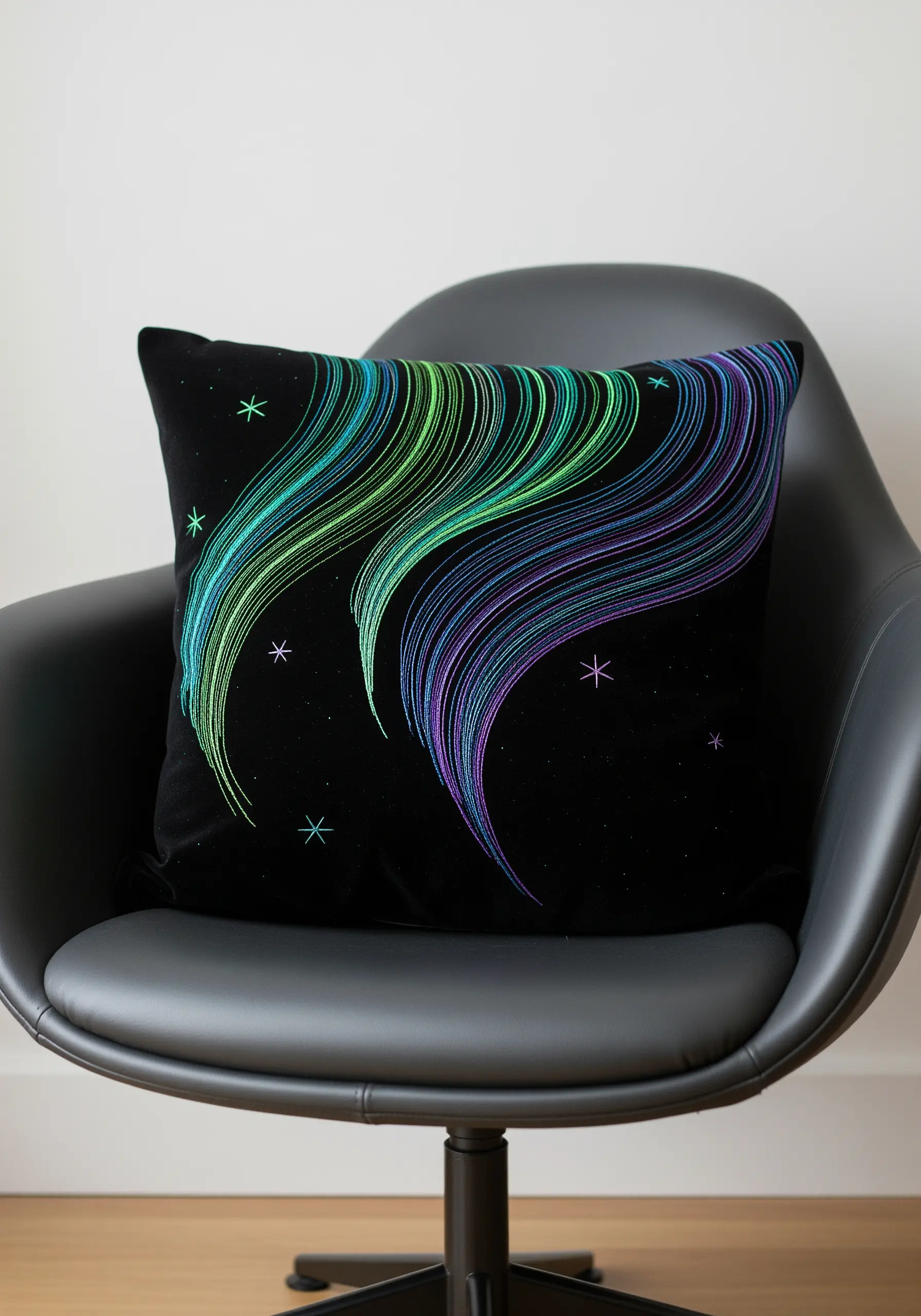 Abstract flowing lines of green, blue, and purple thread depicting the aurora.