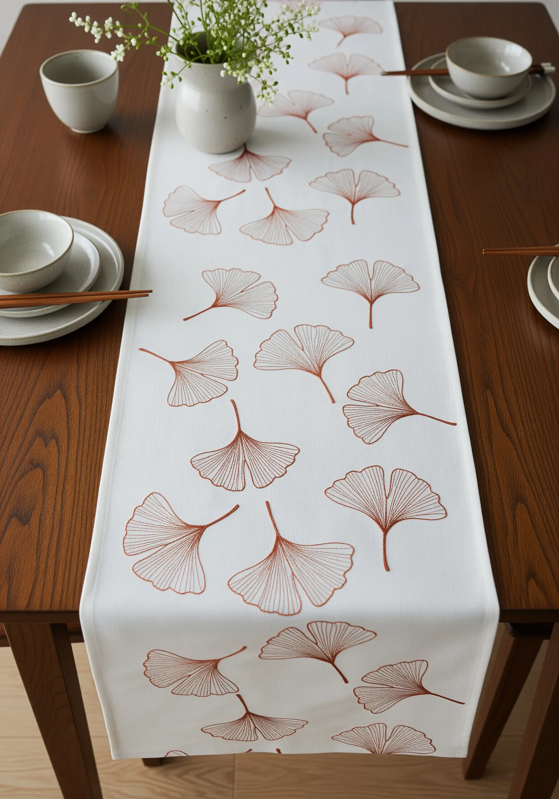 Table runner with scattered ginkgo leaf embroidery in a rust-colored thread.