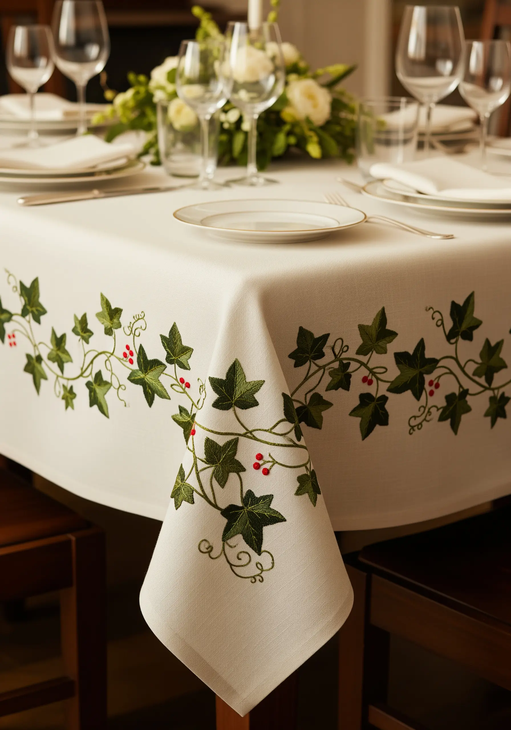 A continuous border of embroidered ivy vines and leaves on the edge of a white tablecloth.