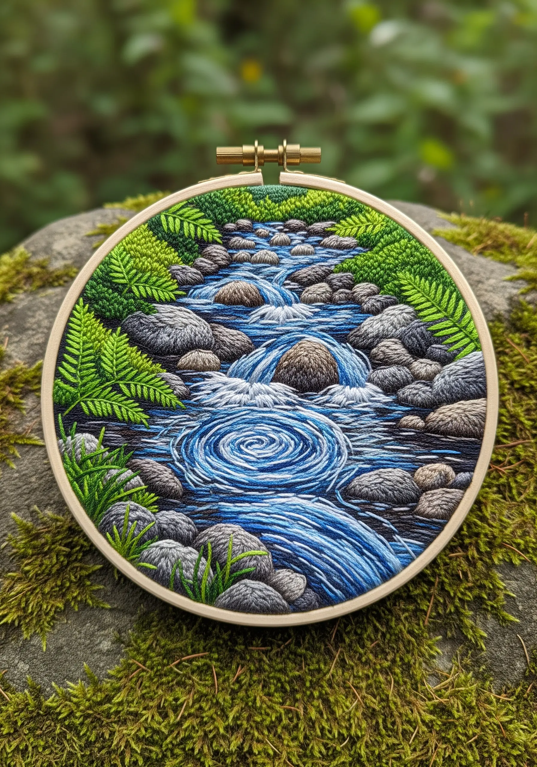 Embroidery of a flowing blue river stream with rocks and mossy banks