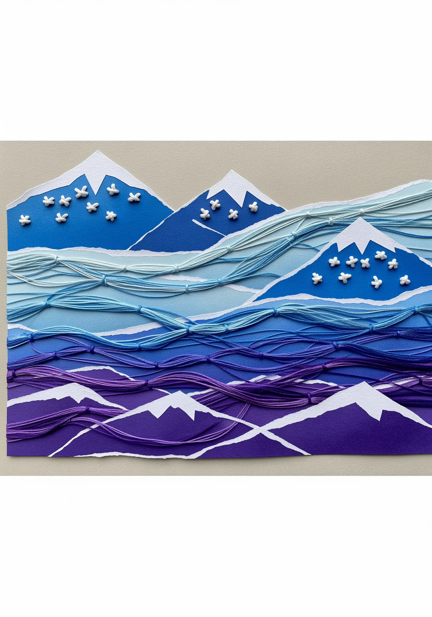 Blue thread strands layered over torn paper mountains