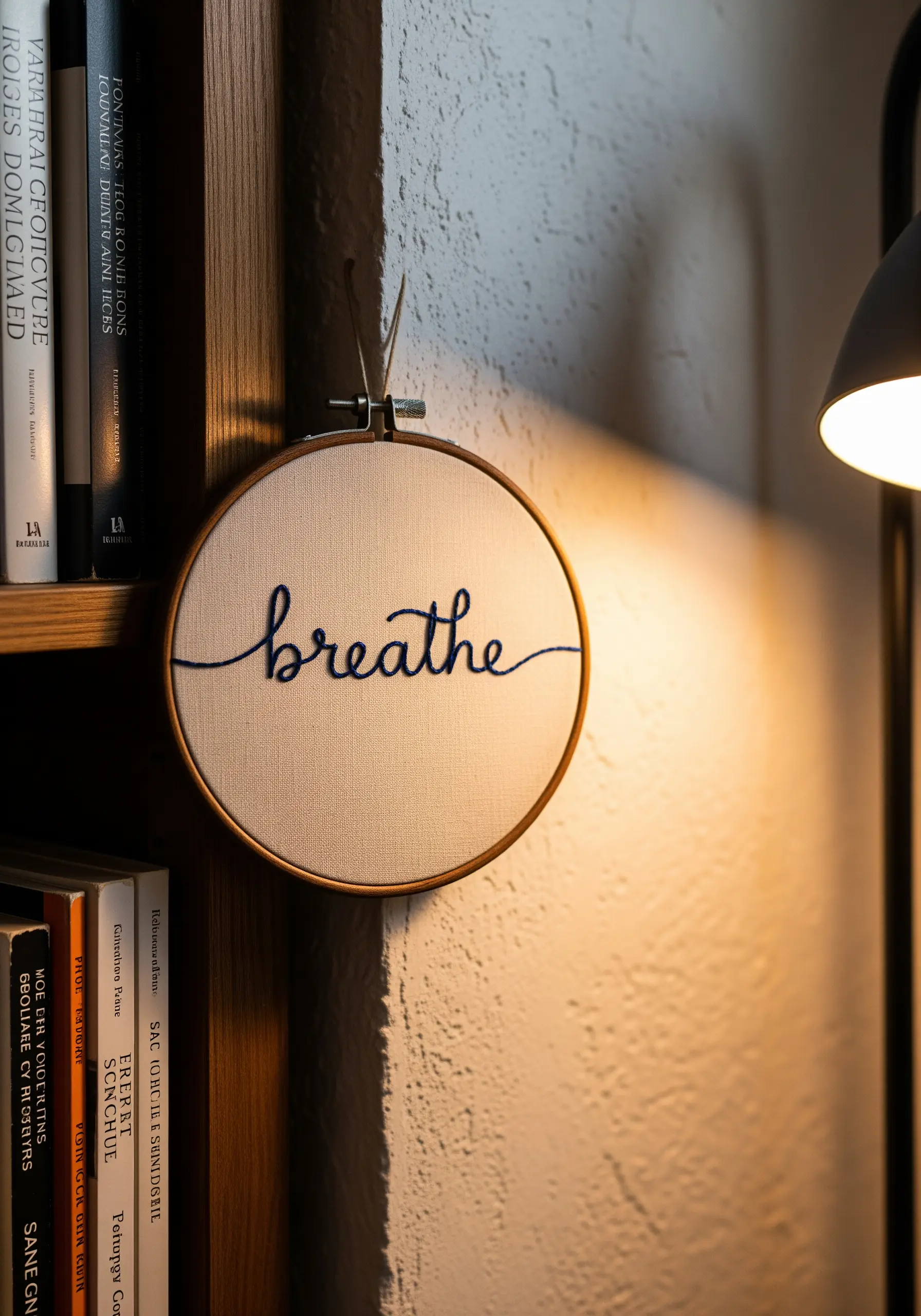 The word 'breathe' embroidered in navy blue cursive script inside a small hoop.