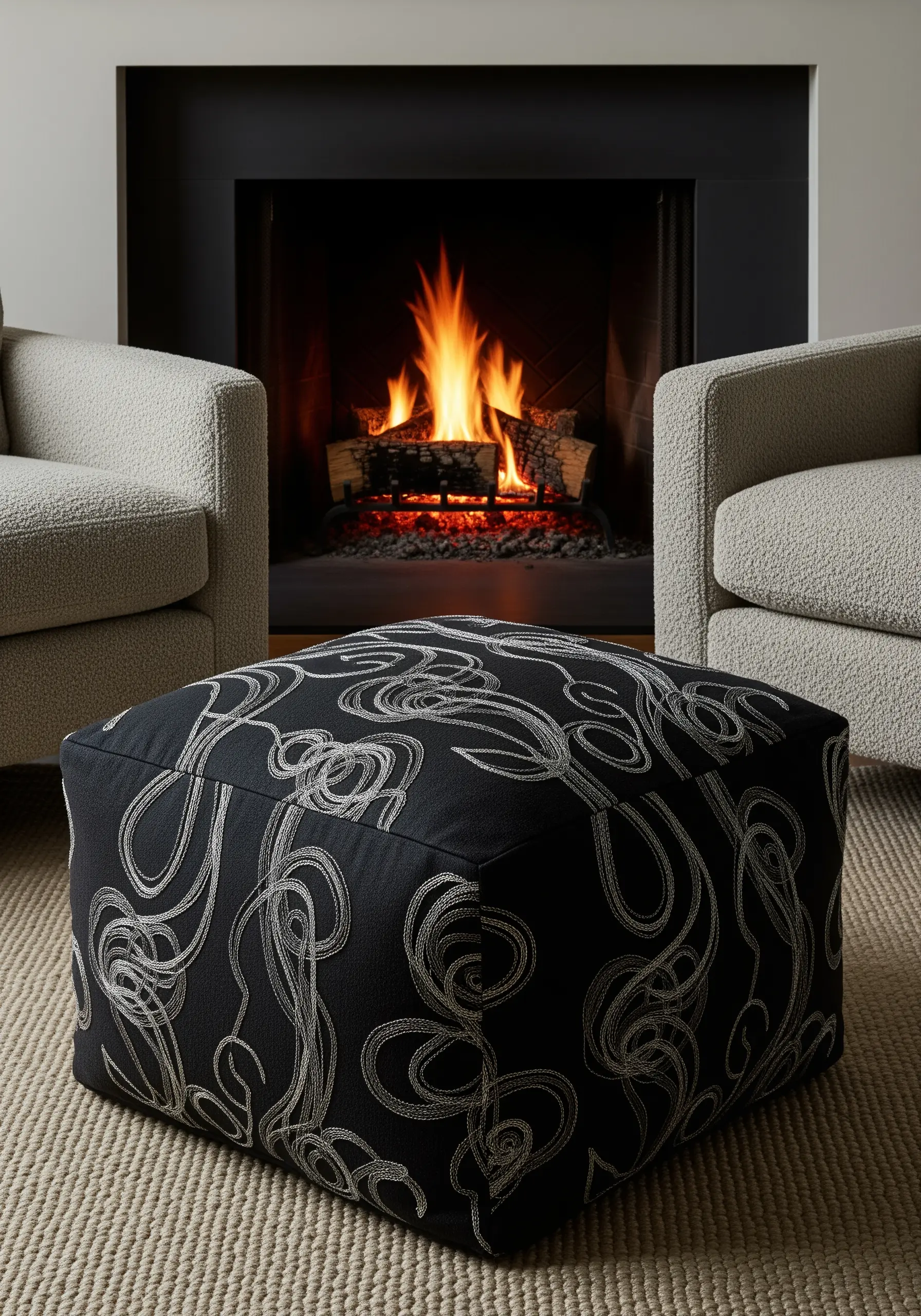 A black ottoman with an abstract, swirling pattern embroidered in a thick, light gray cord.