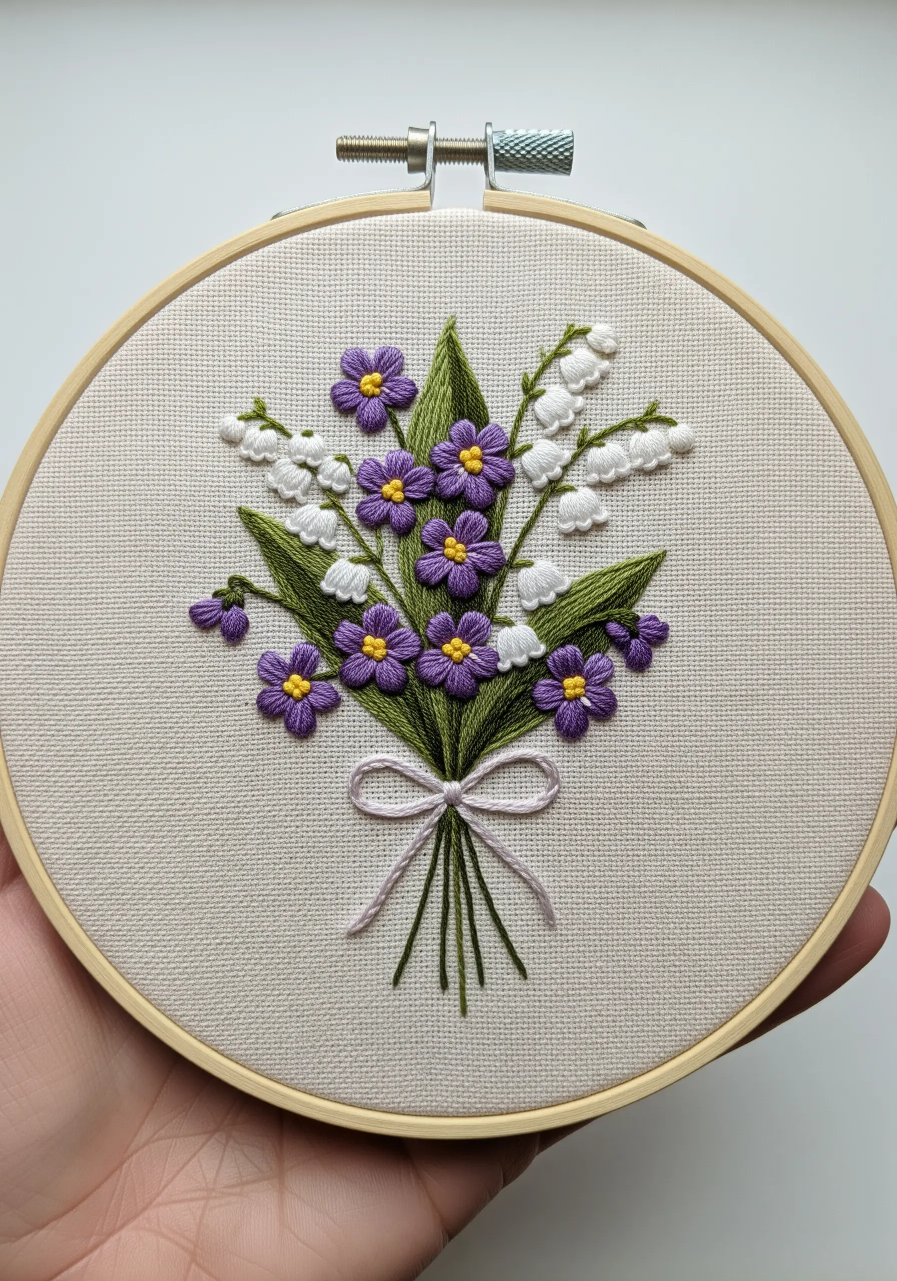 A small embroidered bouquet of lily of the valley and purple violets held in a hand.