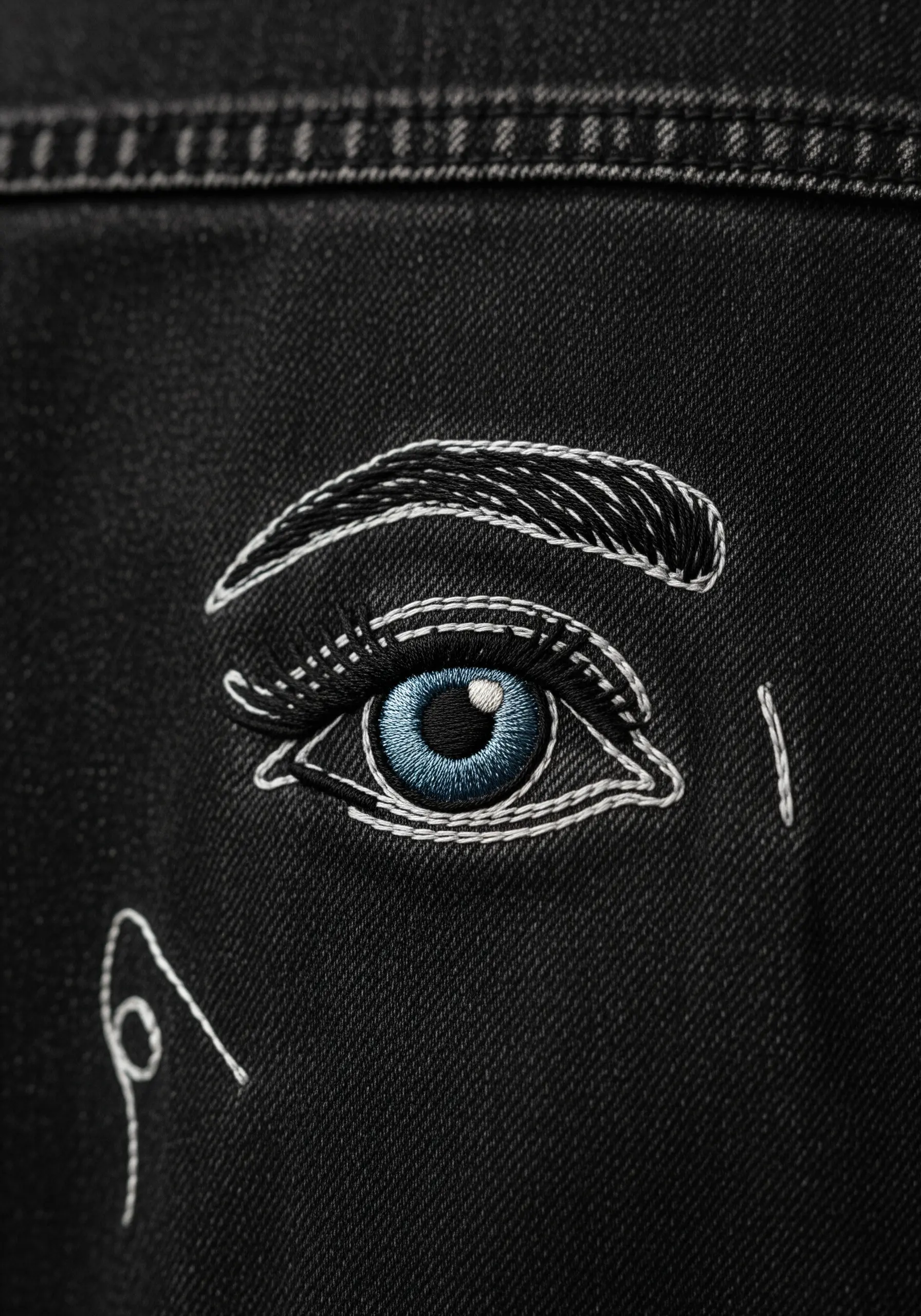 A hyper-realistic embroidered eye with a blue iris and detailed satin-stitched eyebrow.