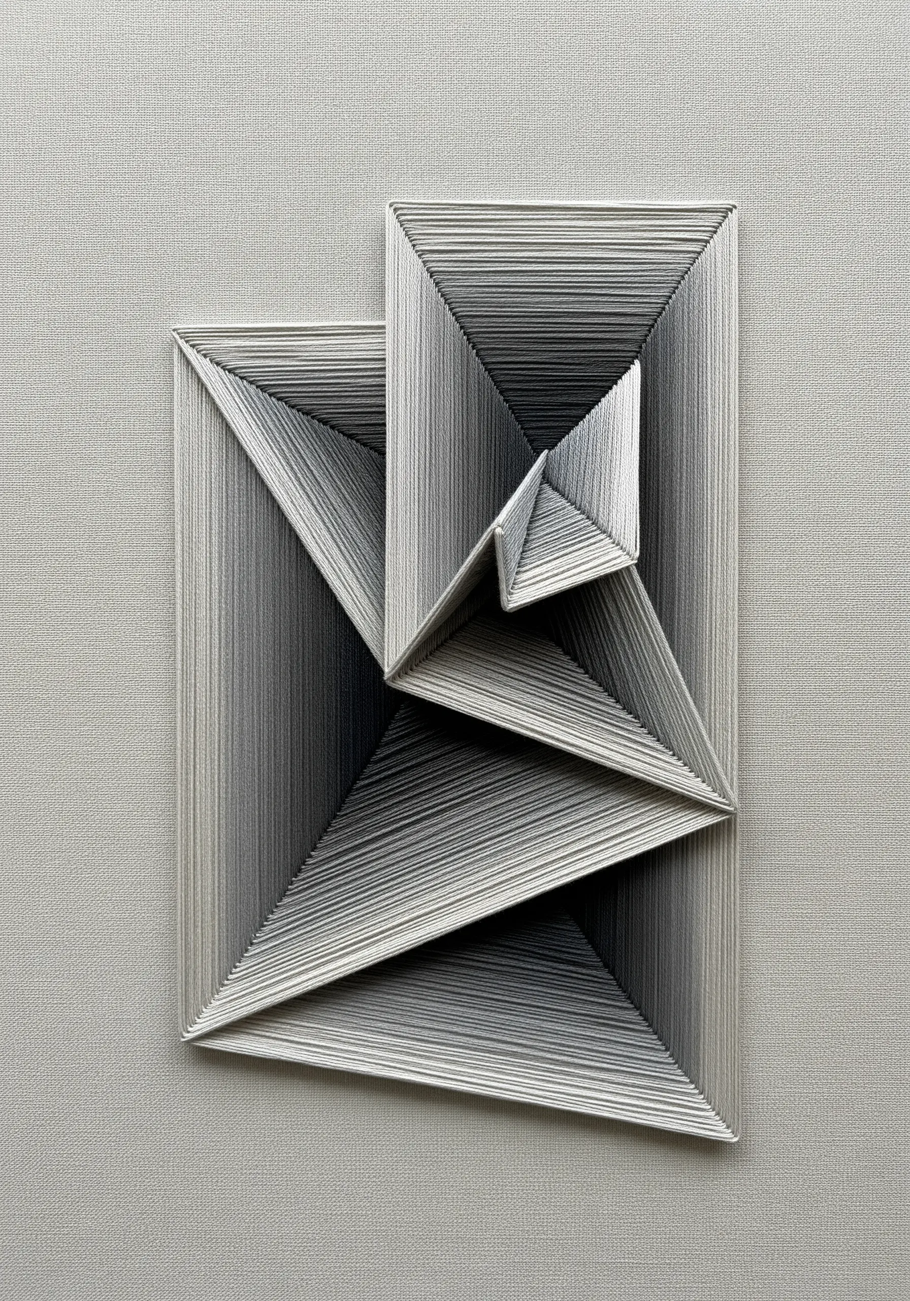 Geometric abstract shape in grey gradients, creating a folded paper illusion.