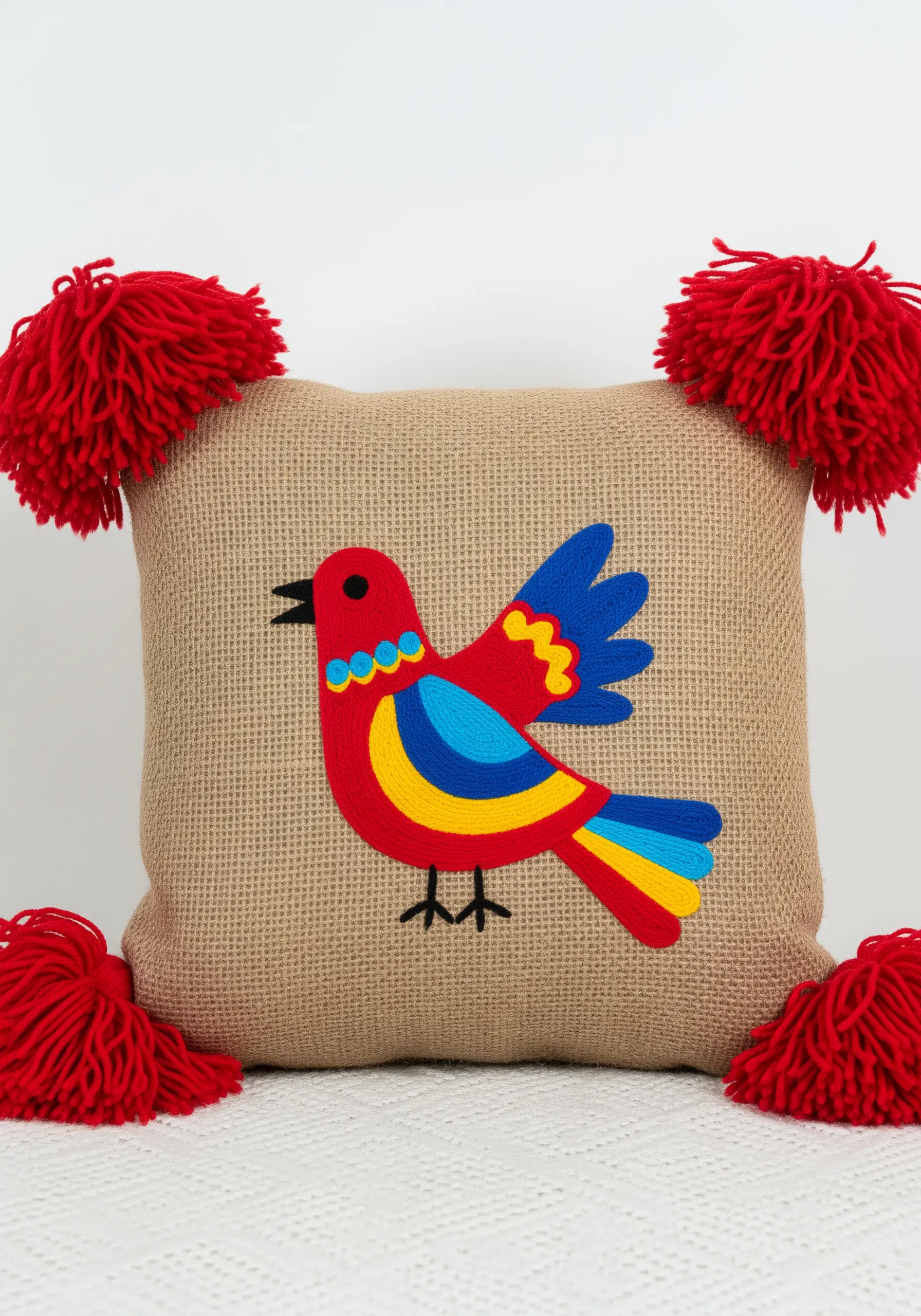 A brightly colored folk art bird embroidered on a burlap pillow with red pom-poms.