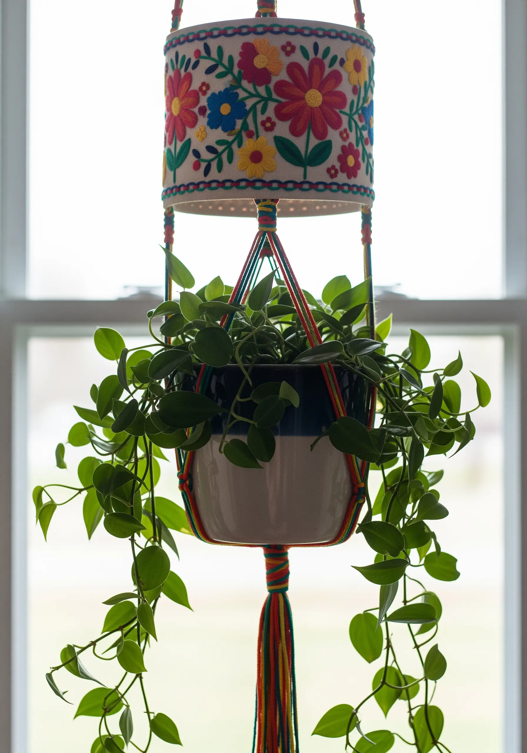 A hanging planter with a plant pot held in macrame below an embroidered floral lampshade.