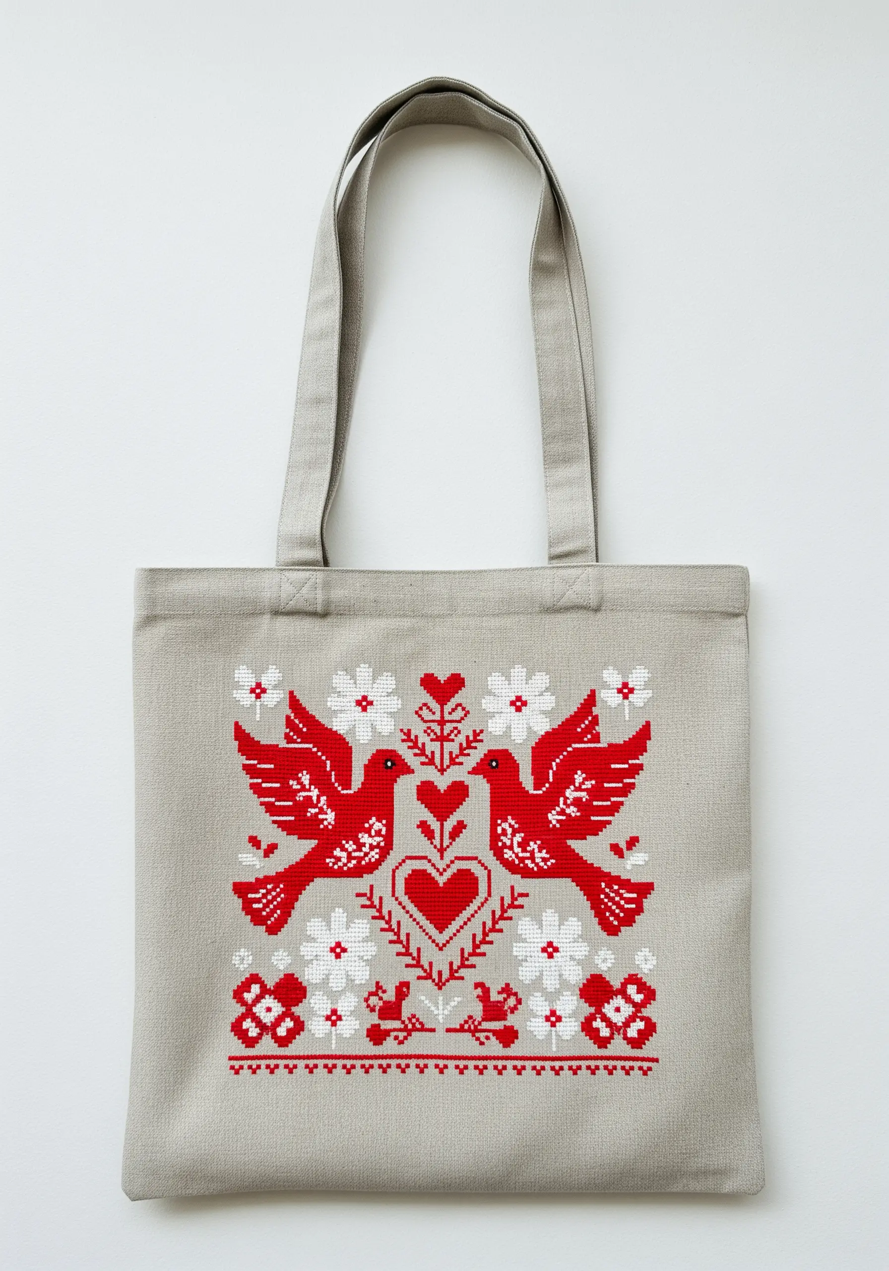 Symmetrical red and white folk art design with doves and hearts, cross-stitched onto a linen tote.