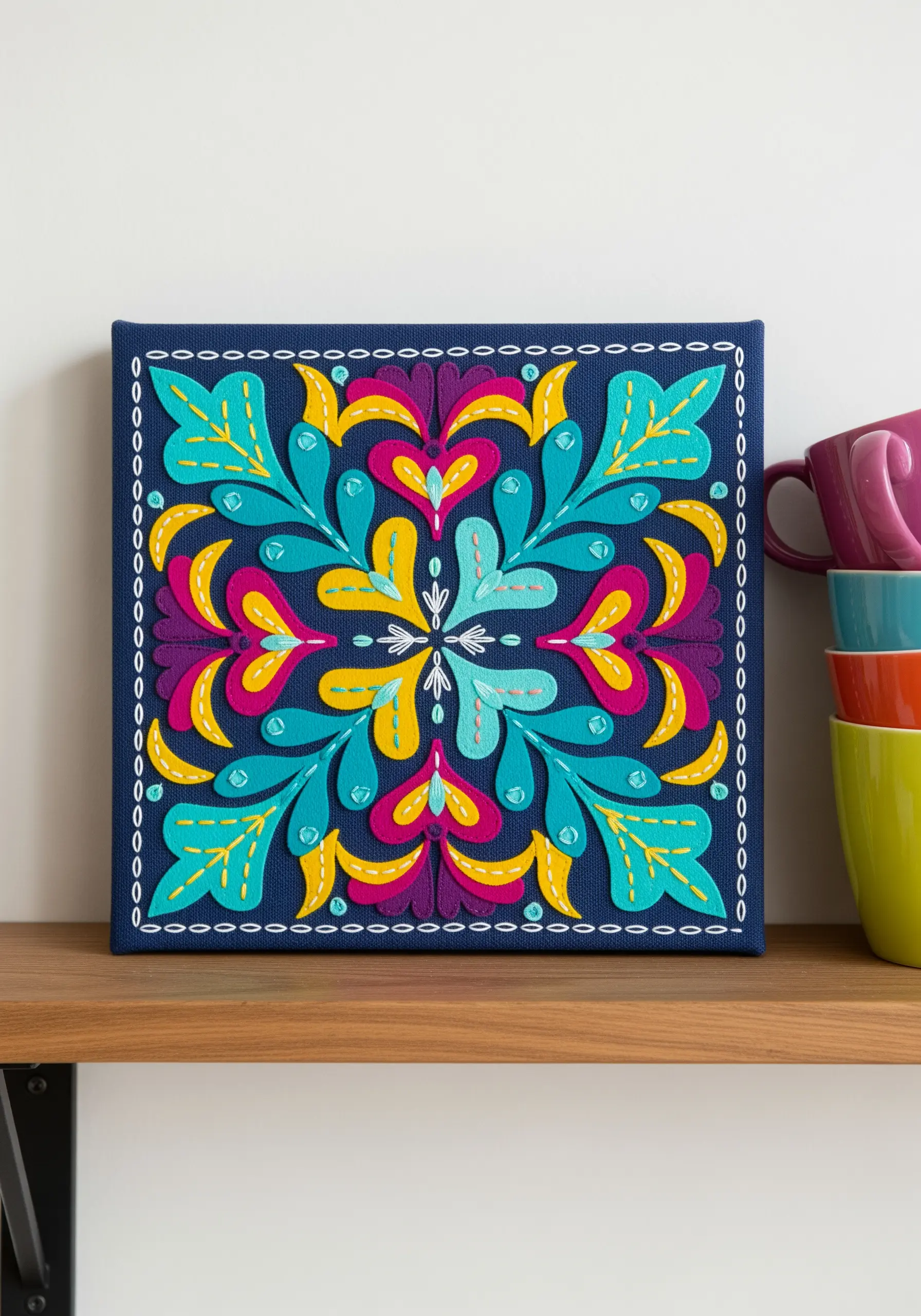 A vibrant, symmetrical folk art design with colorful appliqué on a dark blue canvas.