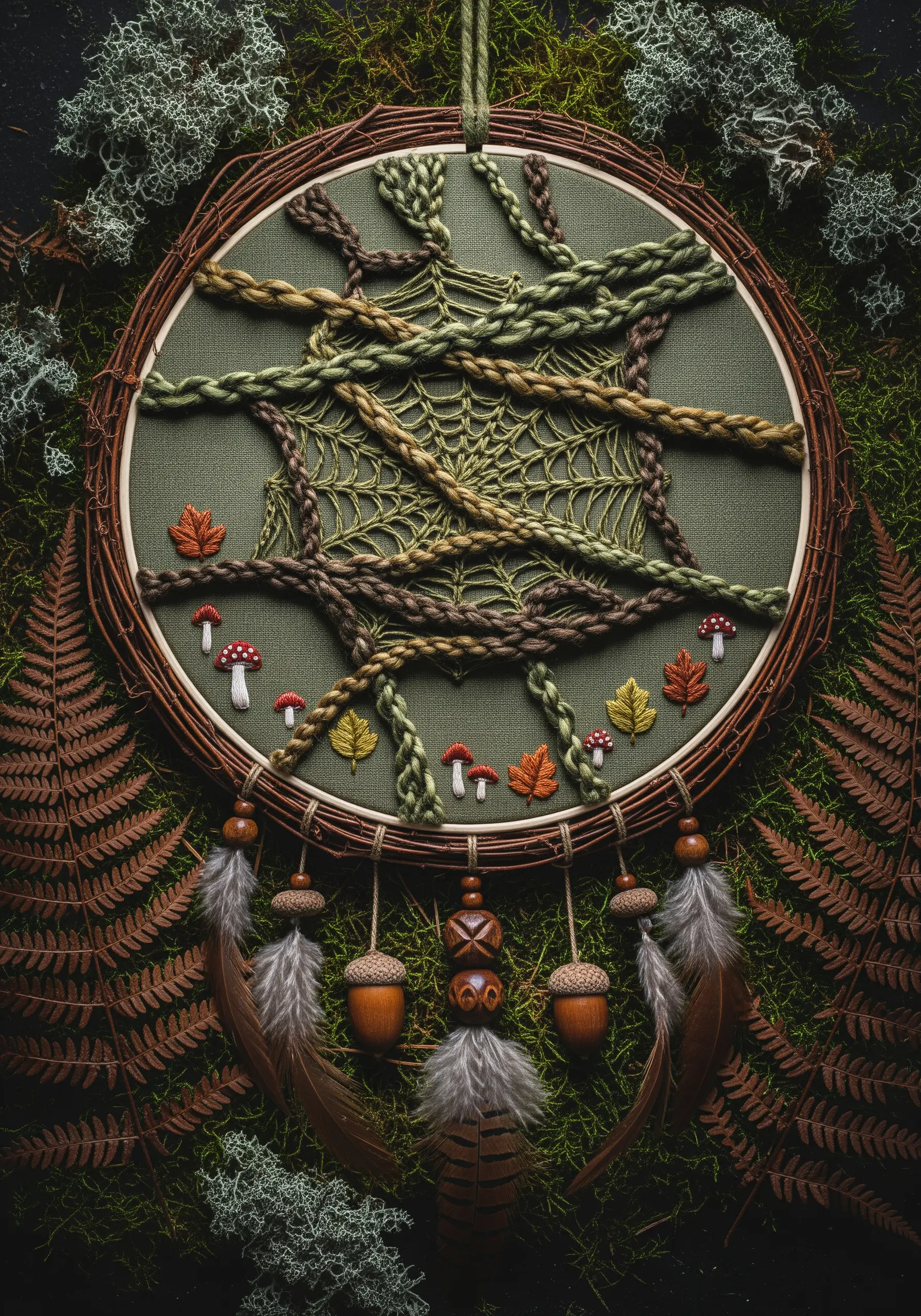 Woodland-themed dreamcatcher with yarn roots, embroidered leaves, and mushrooms.