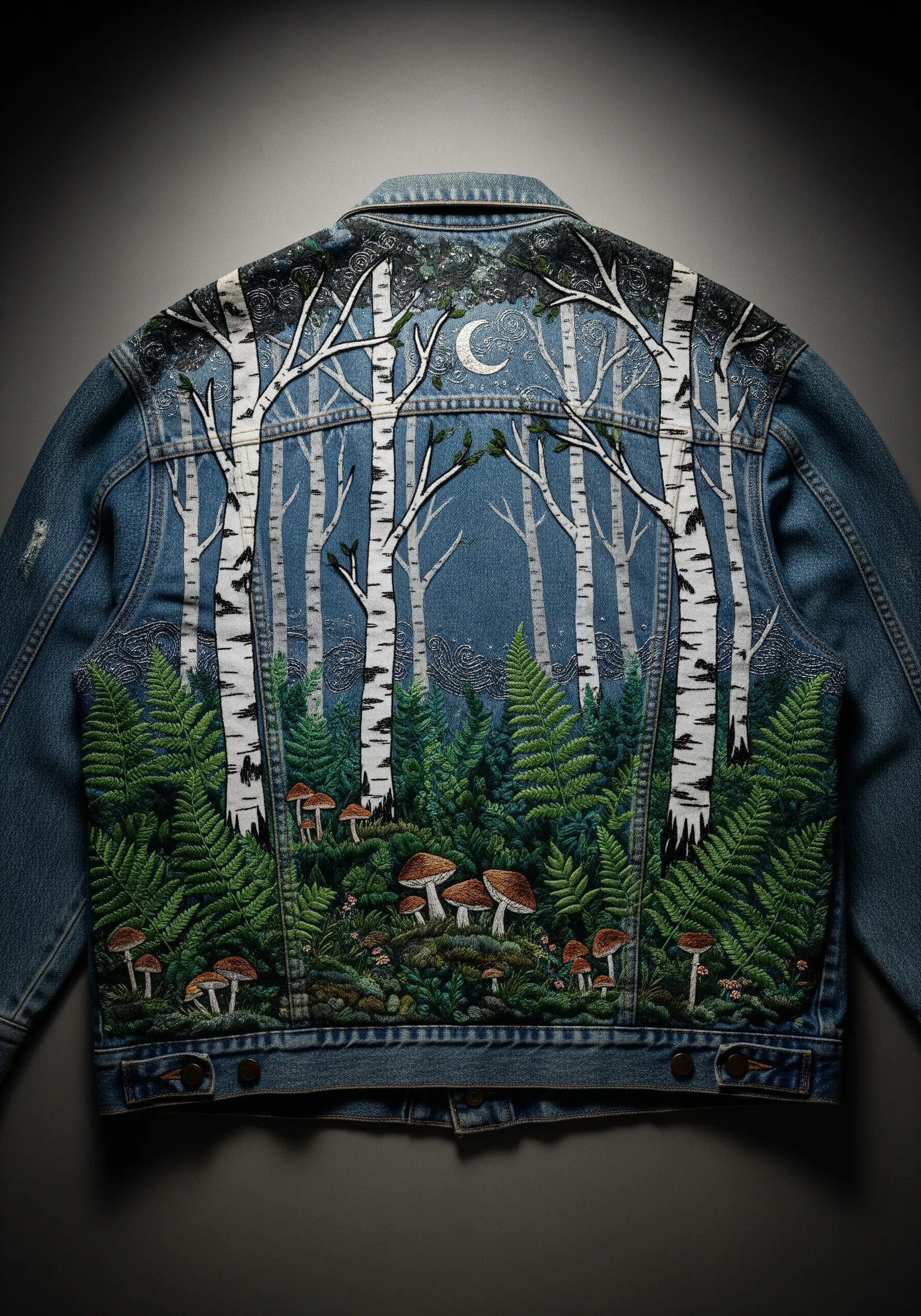 Mixed-media birch forest scene with embroidery and paint on a denim jacket back.