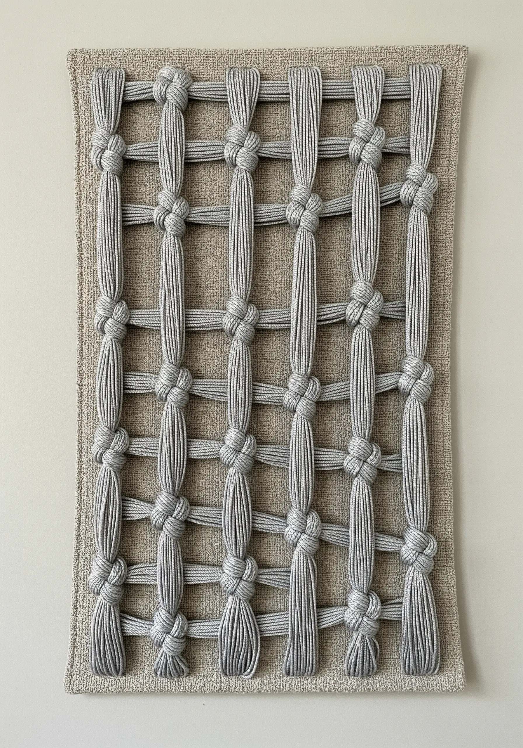 A wall art piece made of a grid of grey cords, with a decorative knot at each intersection.