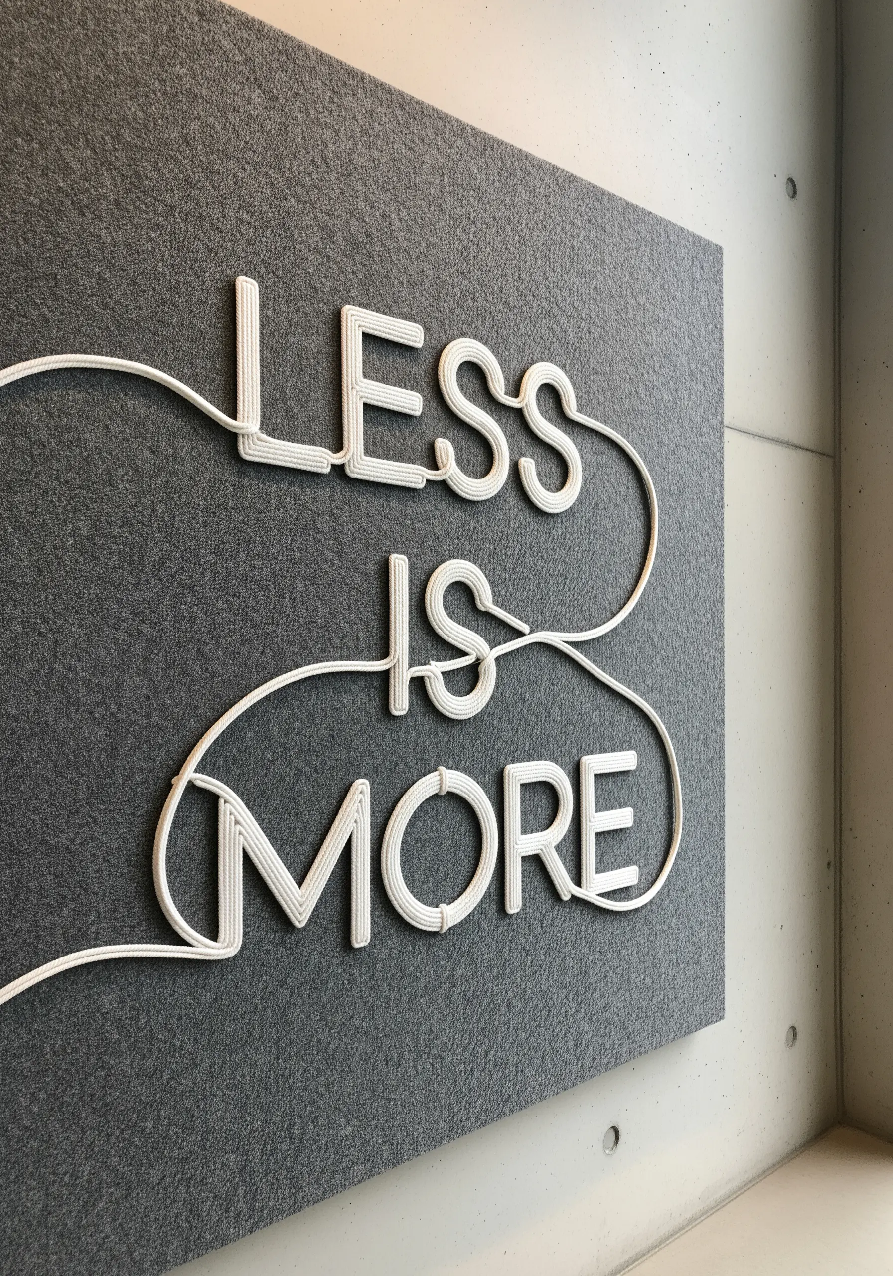 The phrase “Less is More” created with a single continuous white cord on grey felt.