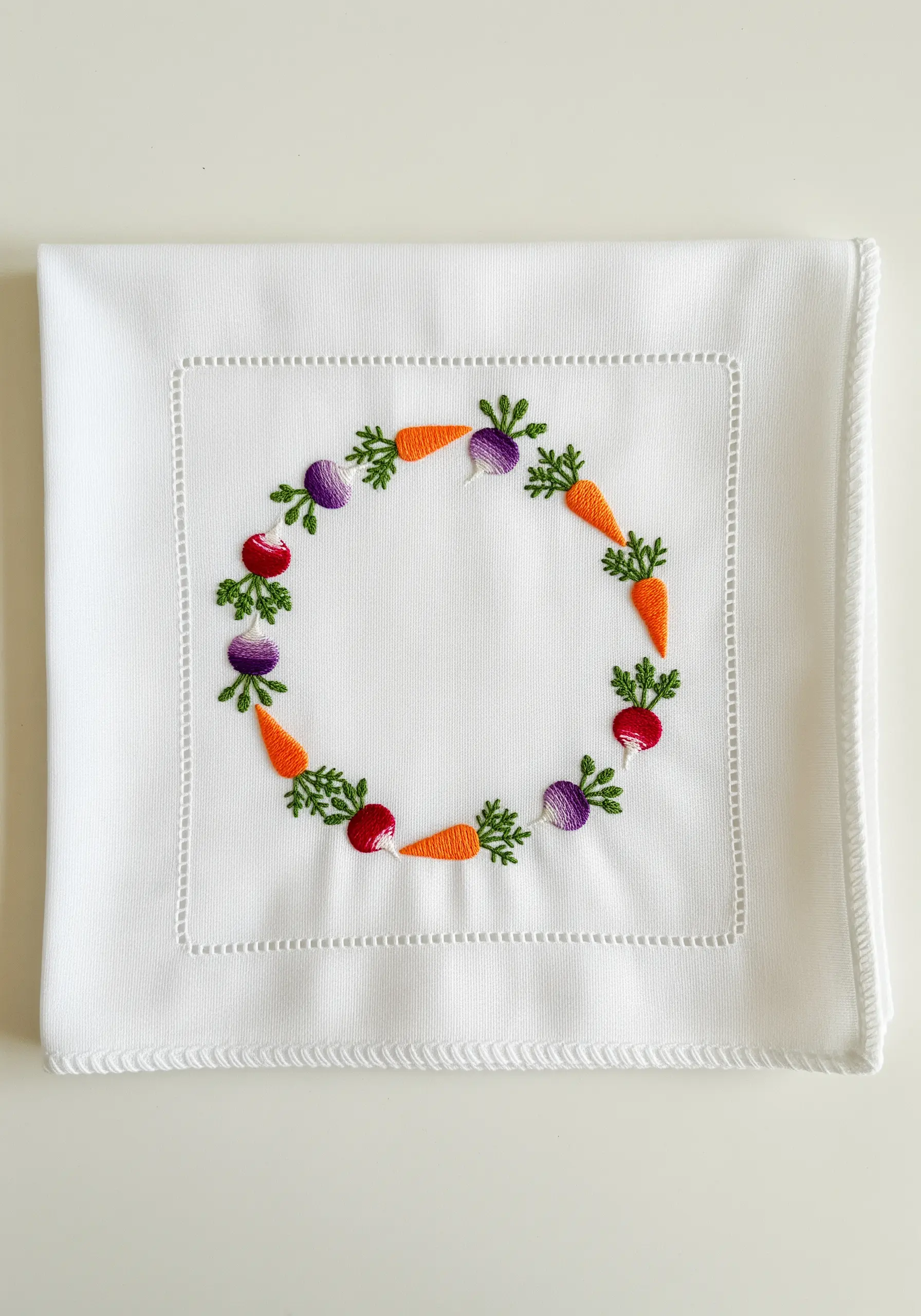 A delicate wreath of embroidered radishes, turnips, and carrots on a white linen napkin.