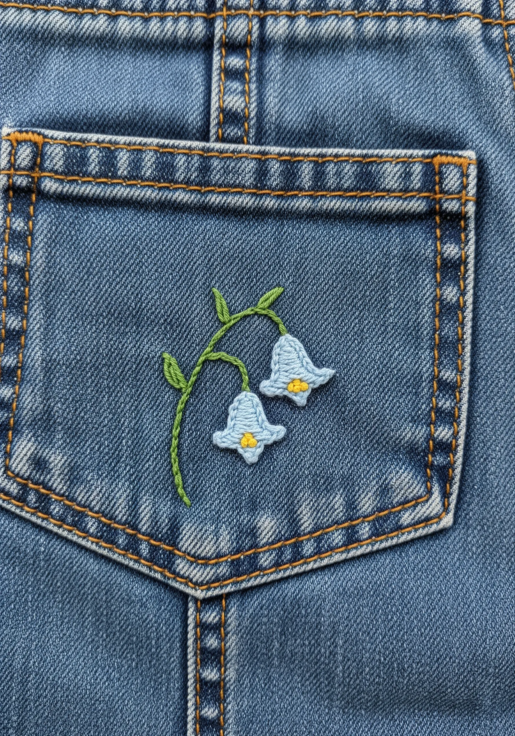 Two delicate bluebell flowers with yellow centers embroidered on a denim pocket.