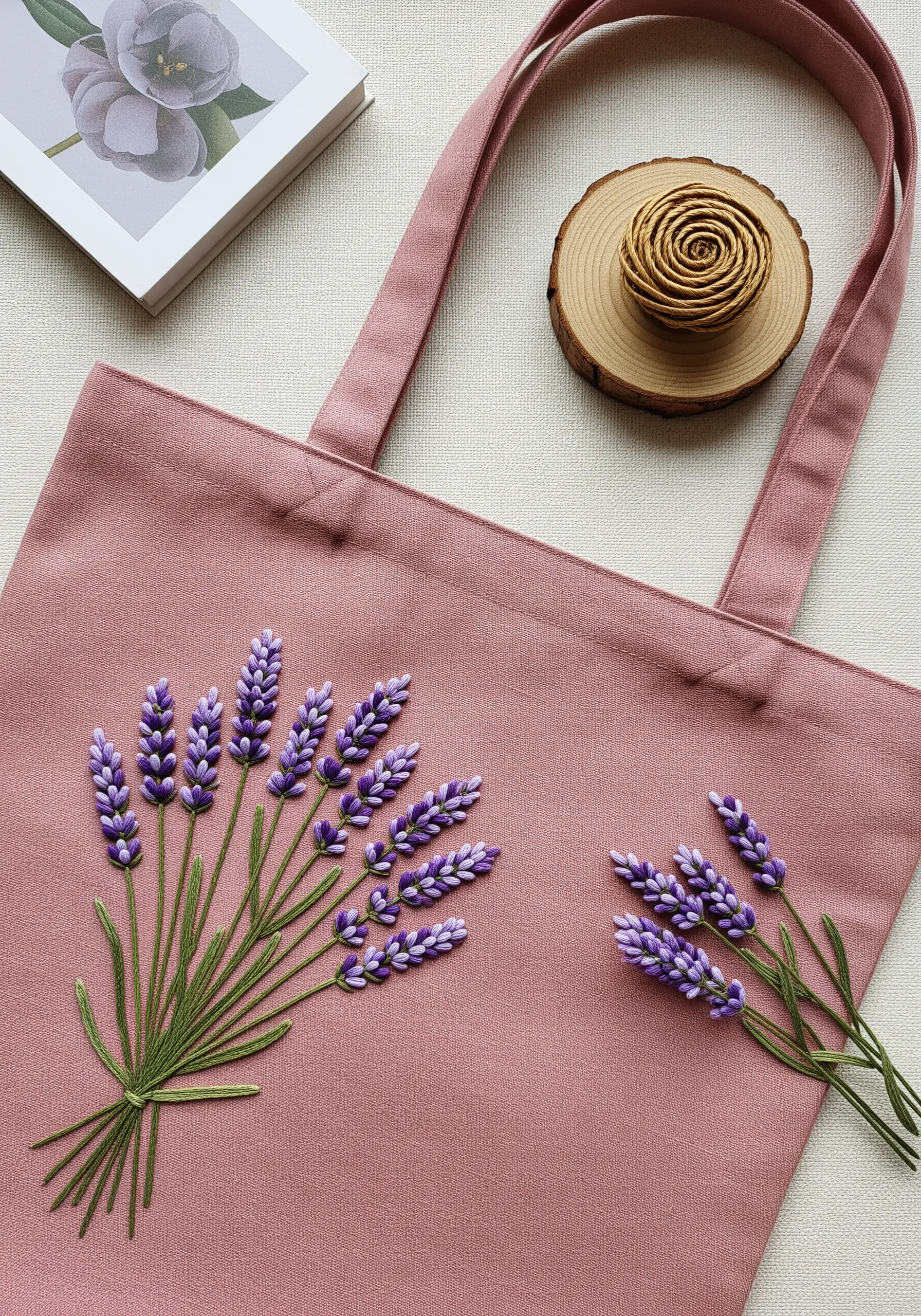 Delicate lavender sprigs embroidered on a pink tote bag using bullion knots.