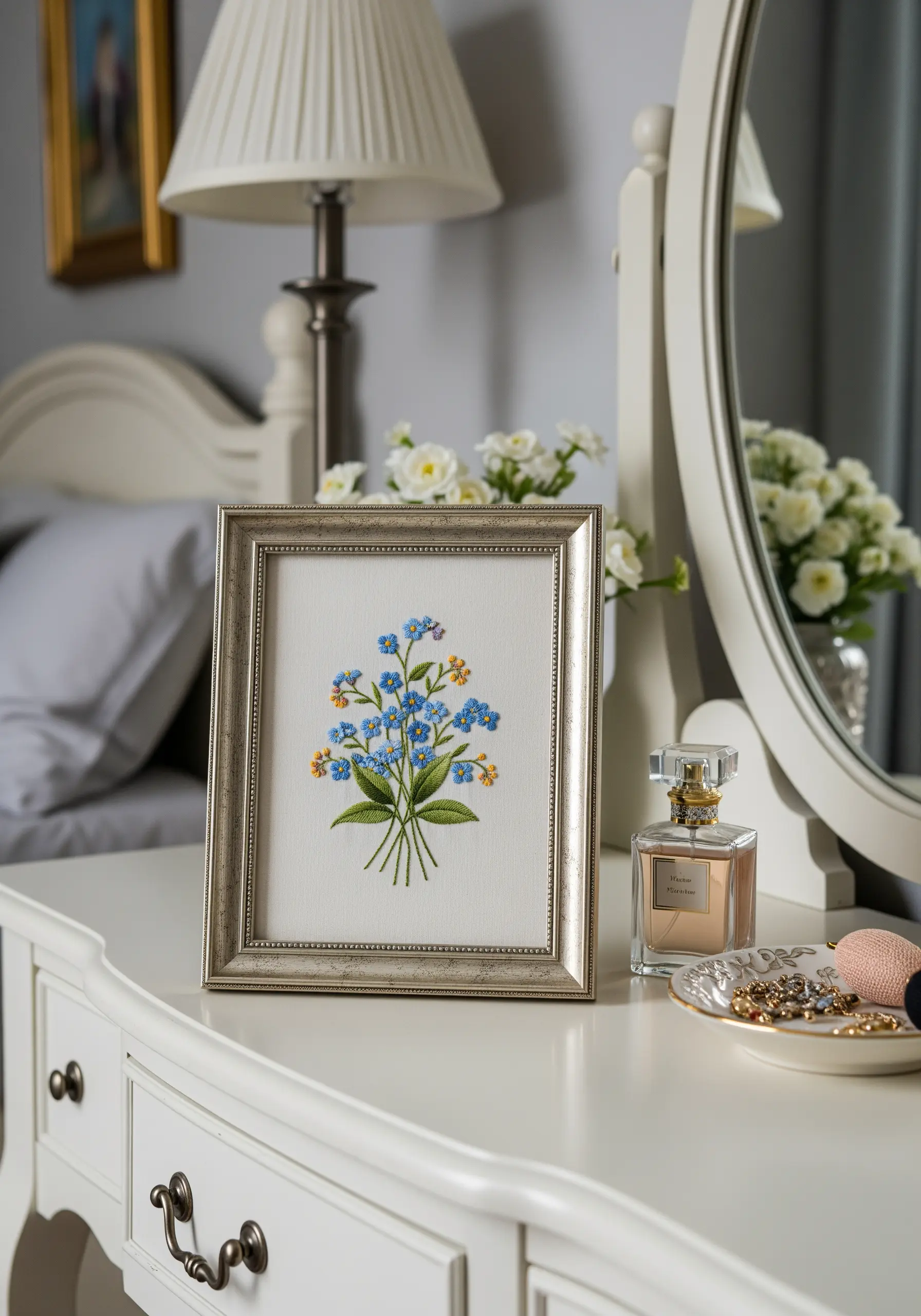 A small, silver-framed embroidery of a bouquet of forget-me-nots on a vanity table.