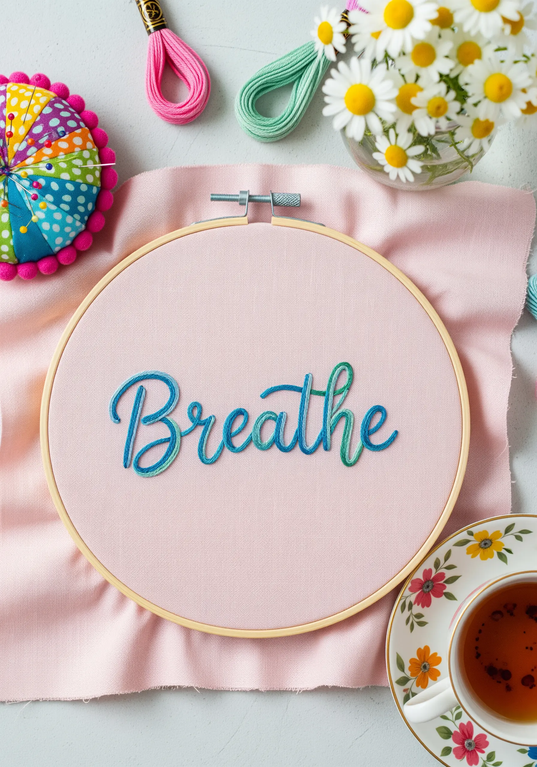The word 'Breathe' embroidered in a gradient of blue and green satin stitch on pink fabric.