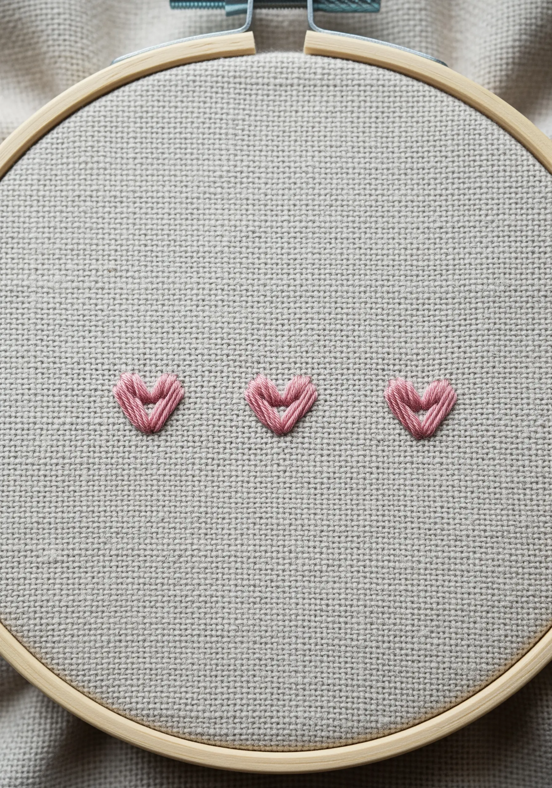 Three small, evenly spaced pink hearts stitched on a neutral-colored linen fabric.