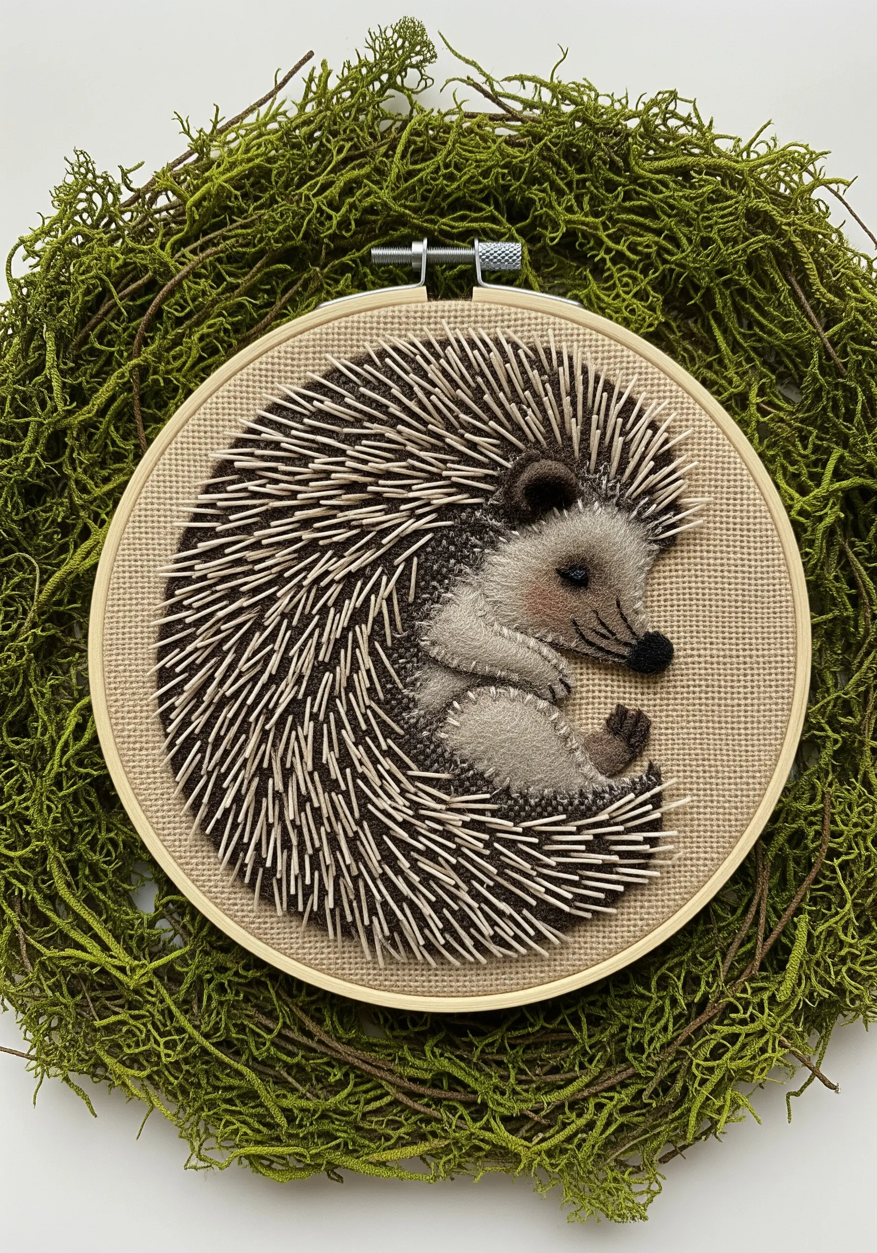 A curled-up hedgehog with 3D spines made from snipped turkey work stitches in brown and white.