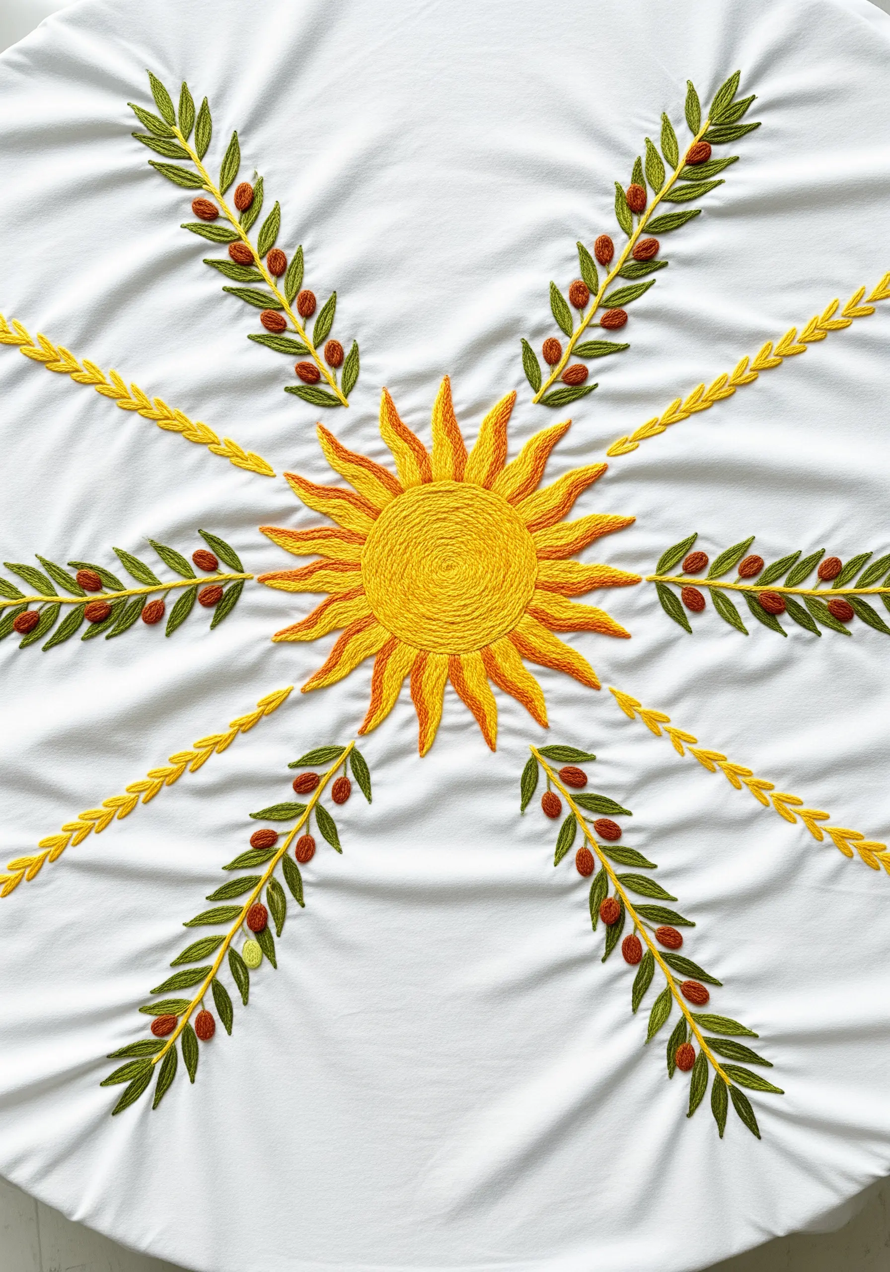 A symmetrical tablecloth design with a central sun and radiating olive and wheat branches.