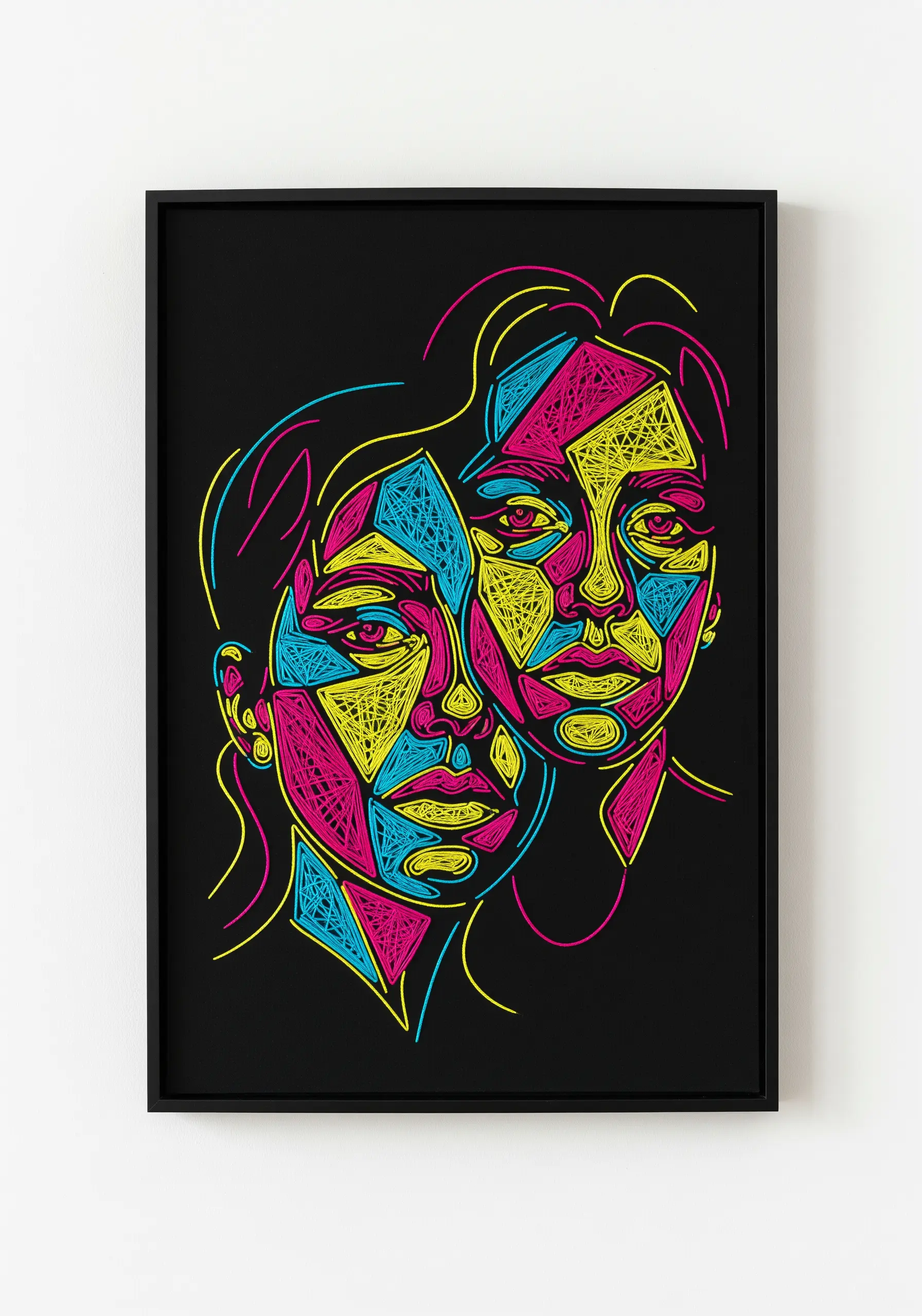 An abstract, cubist-style portrait of two faces stitched with neon pink, yellow, and blue thread.