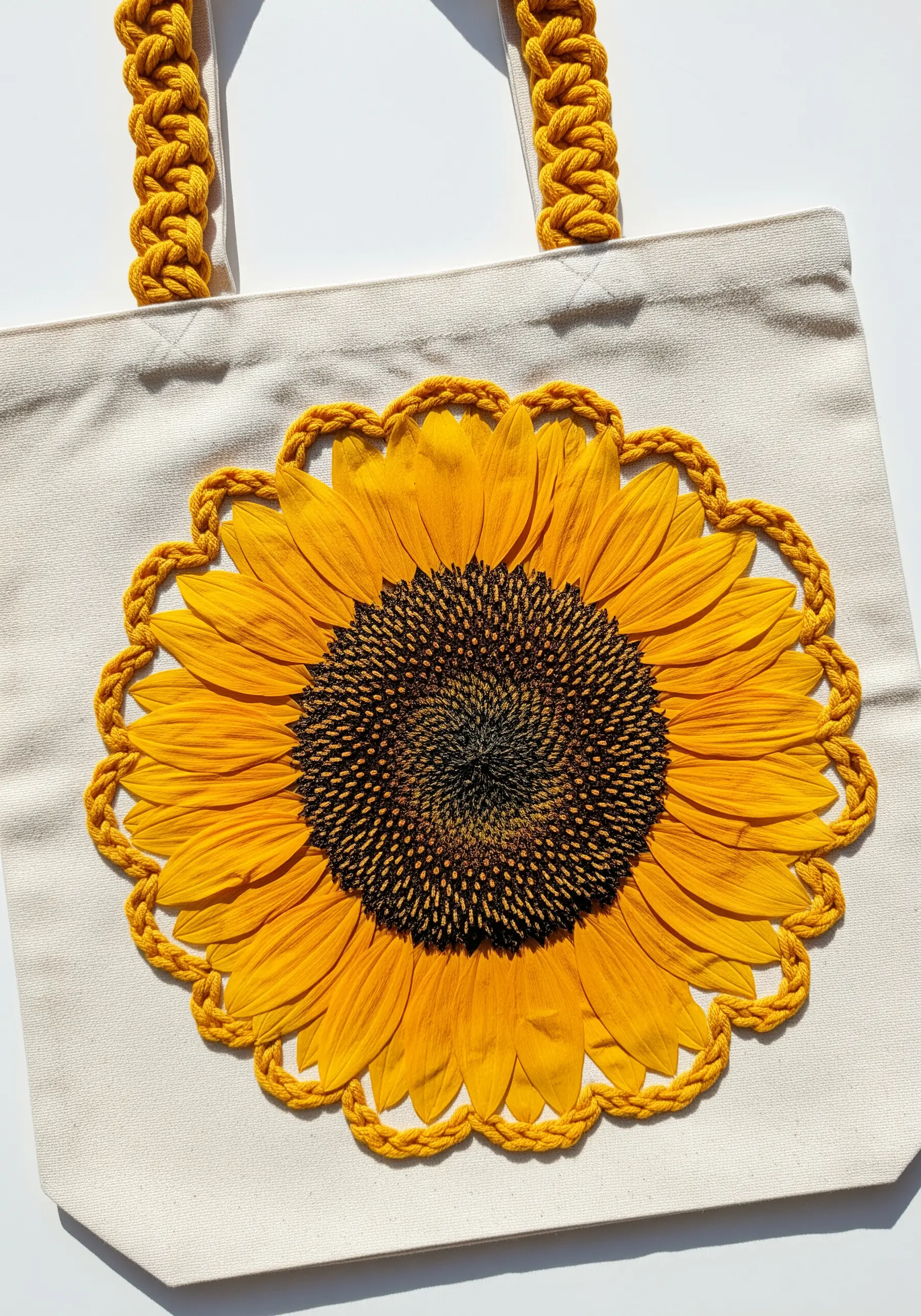 A large pressed sunflower on a tote bag, framed with a thick, yellow braided stitch.