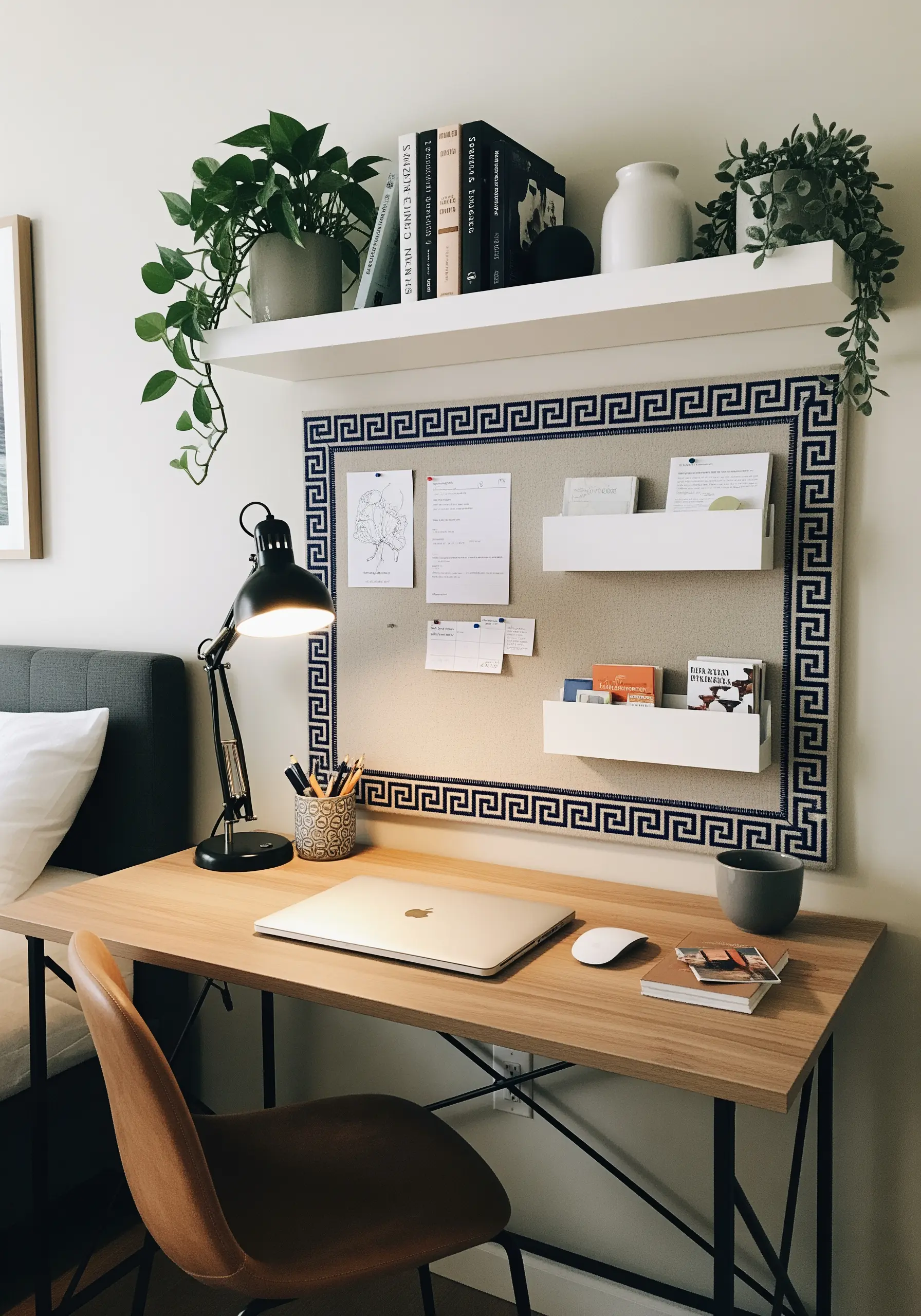 A bulletin board framed with a blue and white Greek key patterned ribbon.