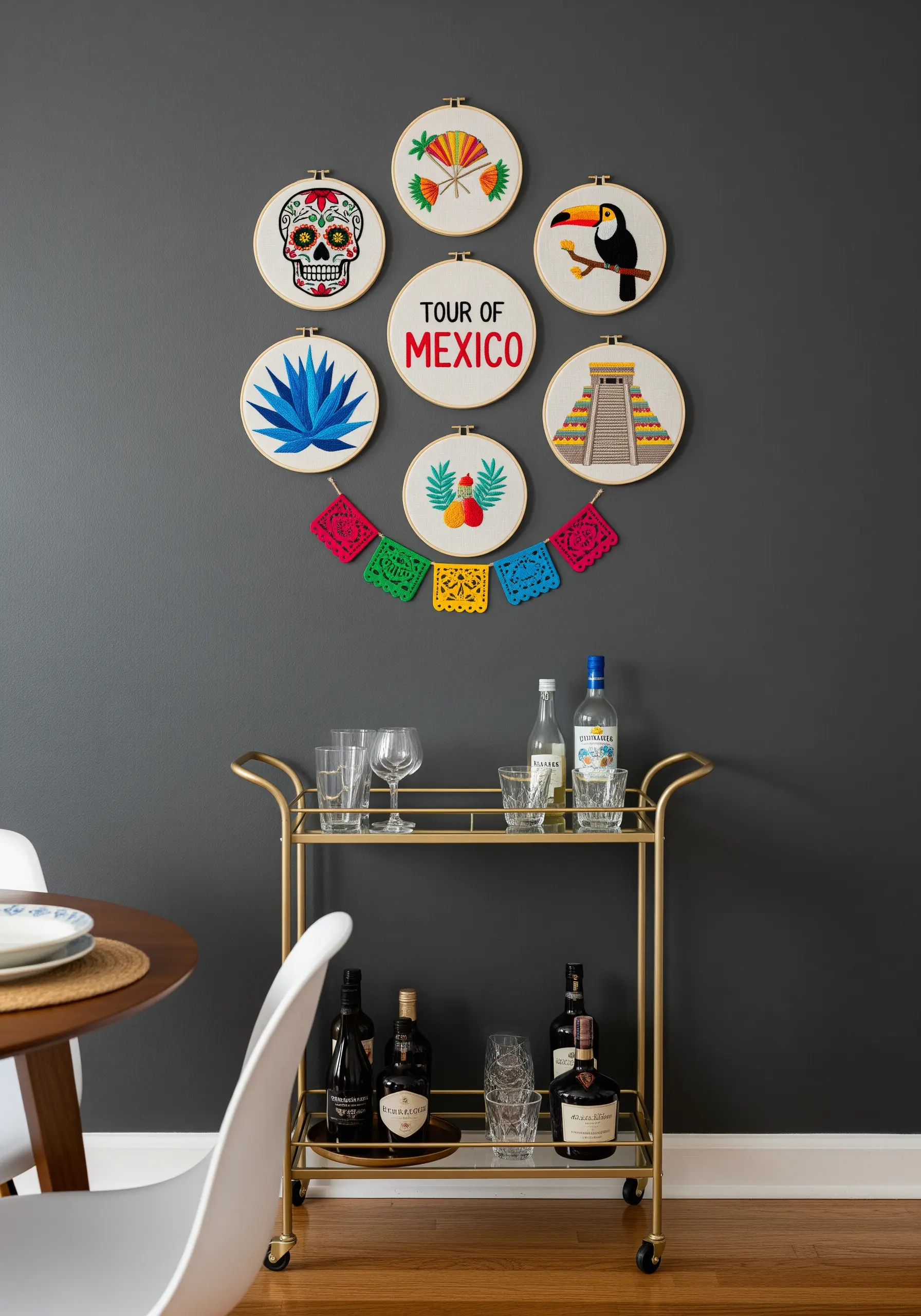 A circular arrangement of Mexico-themed embroidery hoops centered around a 'Tour of Mexico' piece.