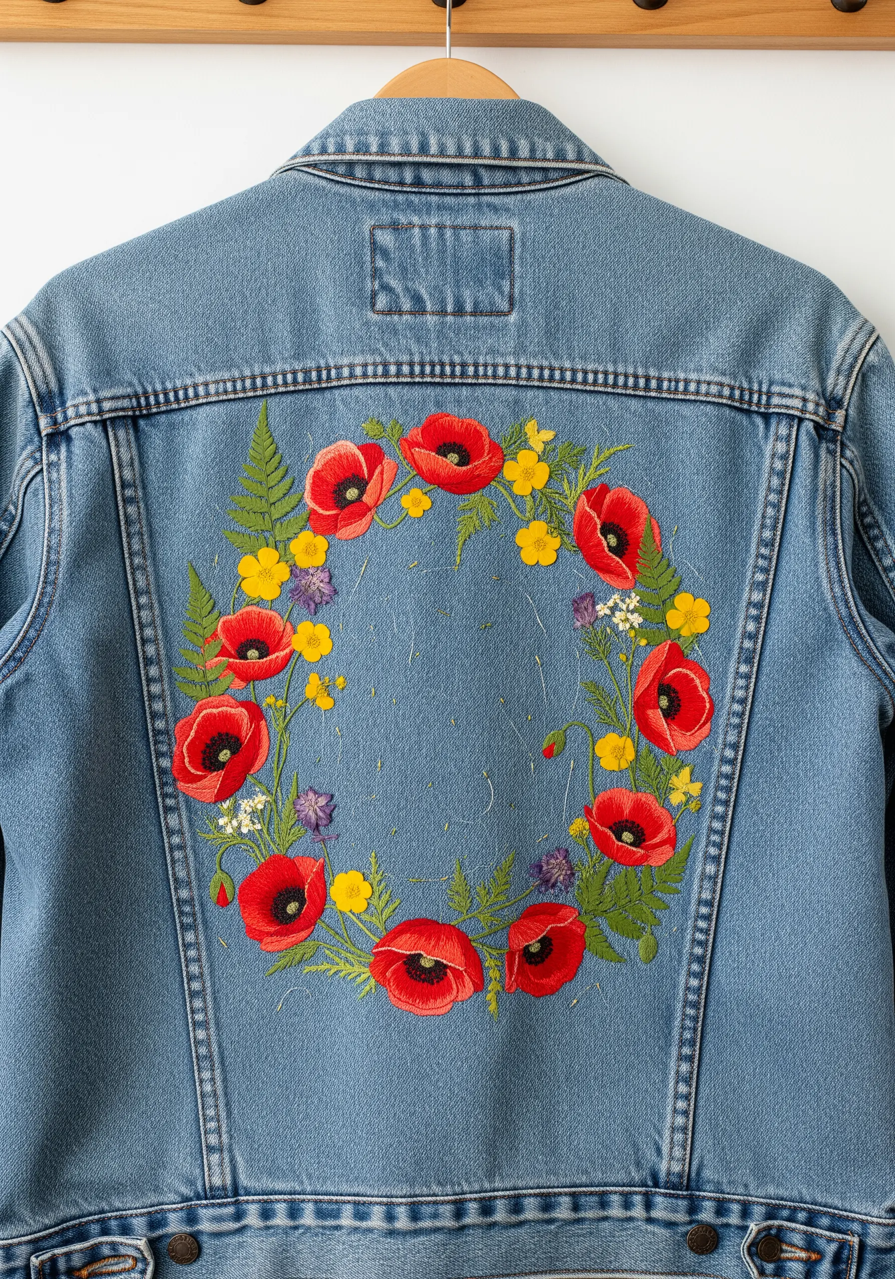 A vibrant wreath of embroidered red poppies and yellow wildflowers on the back of a denim jacket.