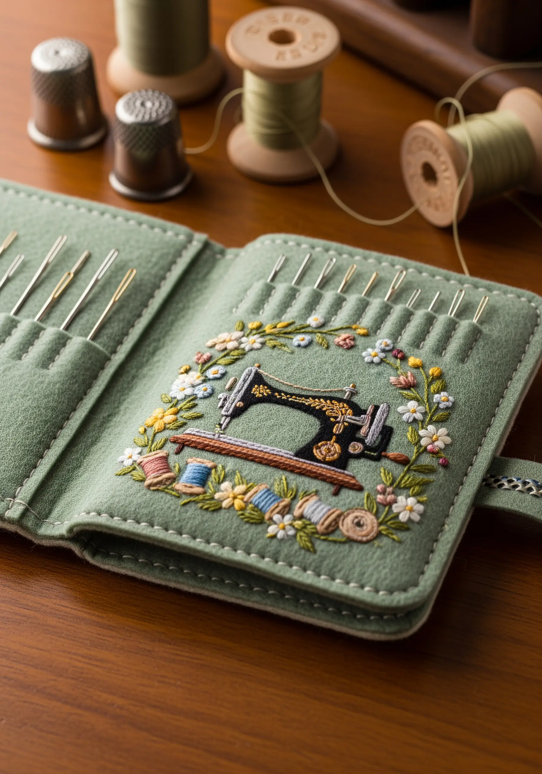 Embroidered felt needle book featuring a vintage sewing machine framed by tiny flowers.