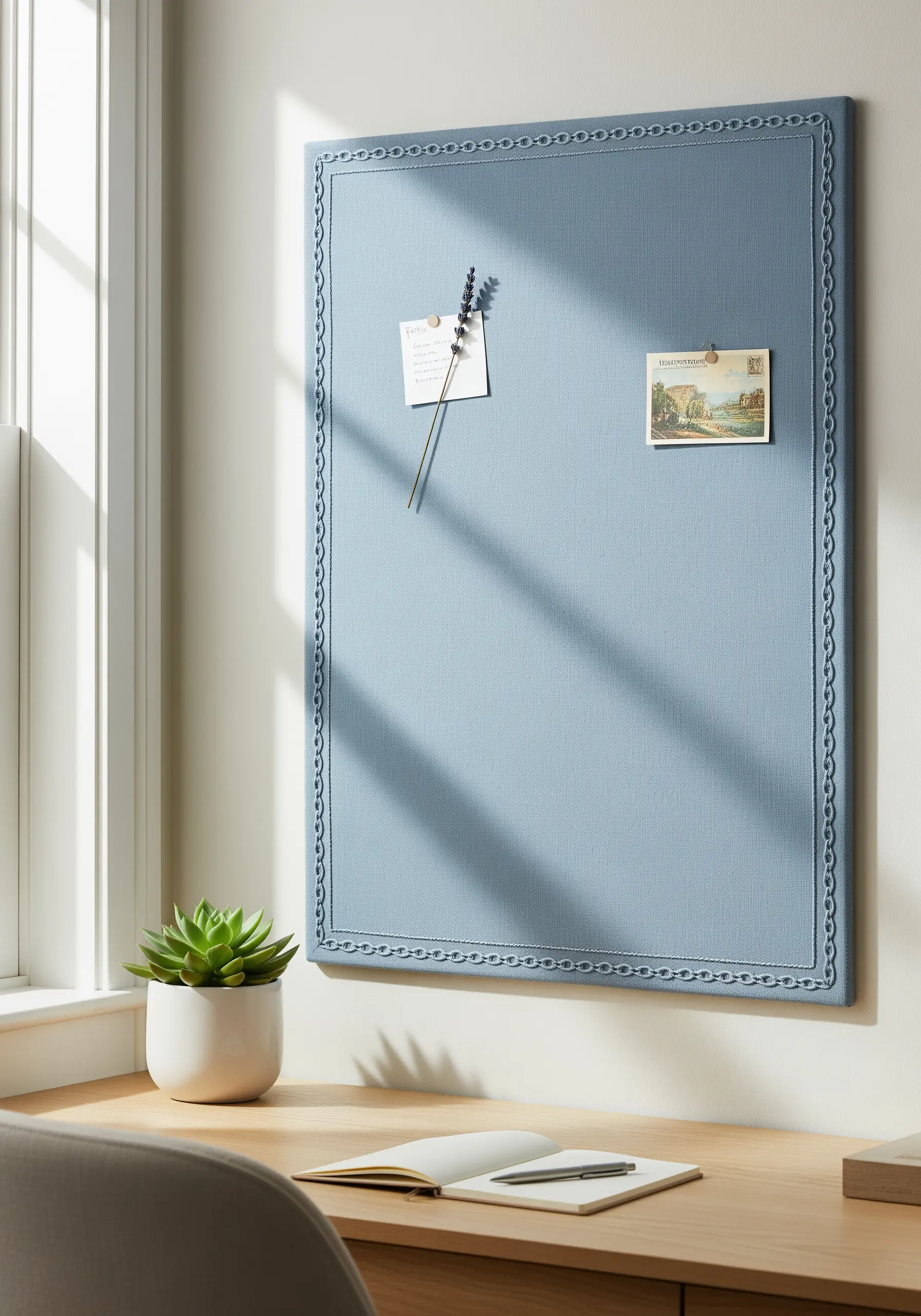 A blue fabric bulletin board with a tonal embroidered chain-link border.