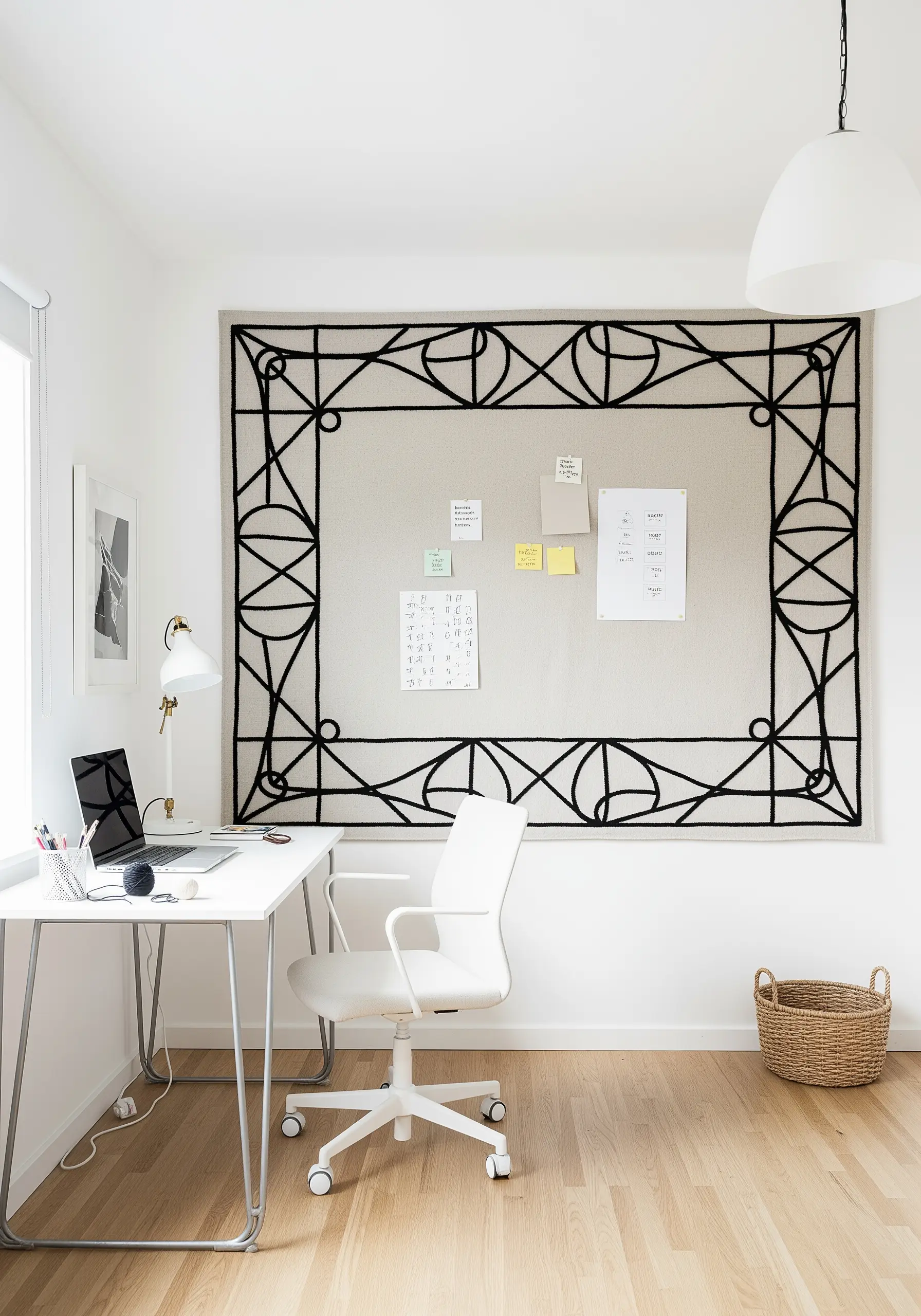 A large bulletin board framed with a bold, black yarn embroidery pattern.
