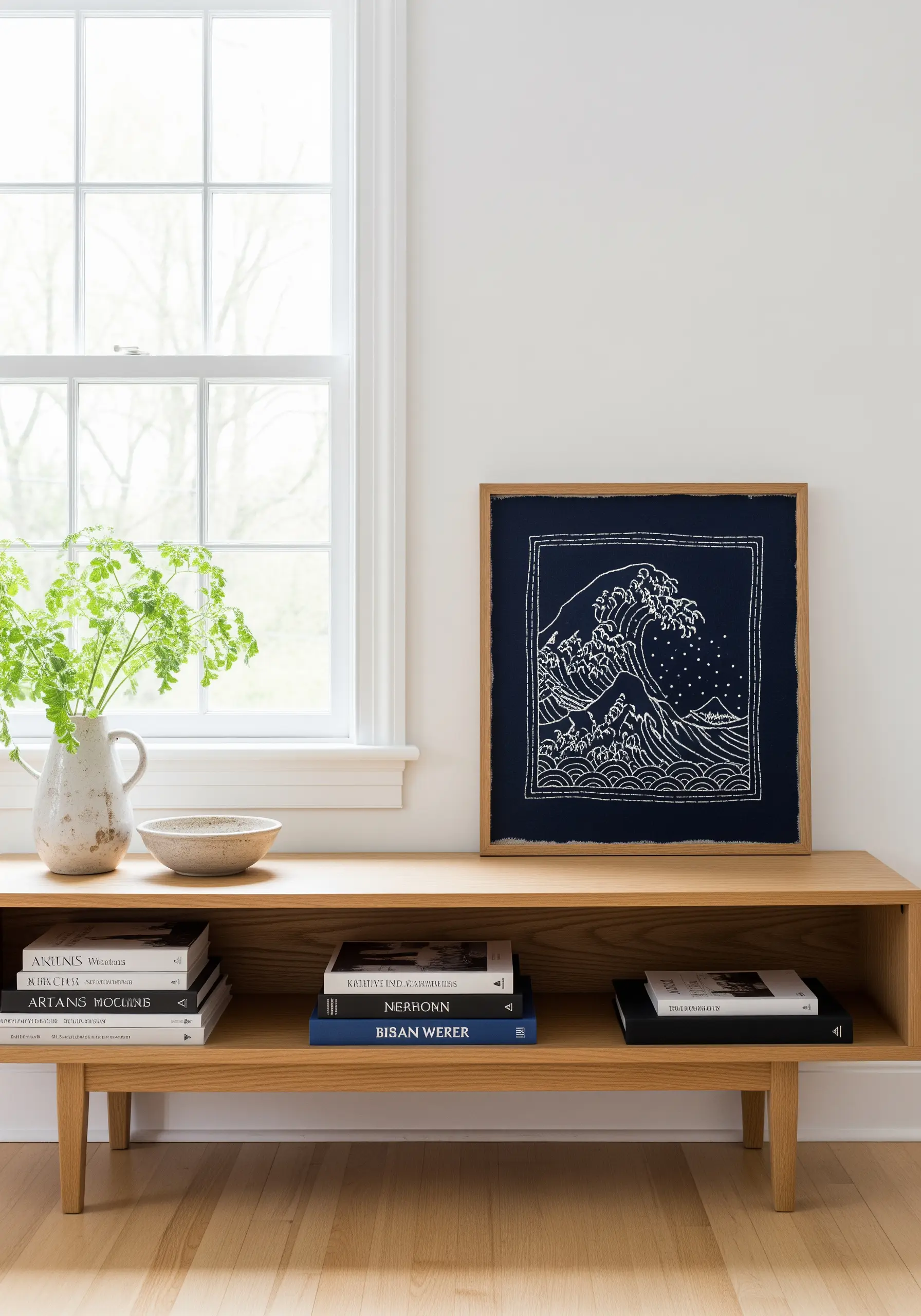 A framed piece of embroidery showing a Japanese-style wave in white thread on navy fabric.