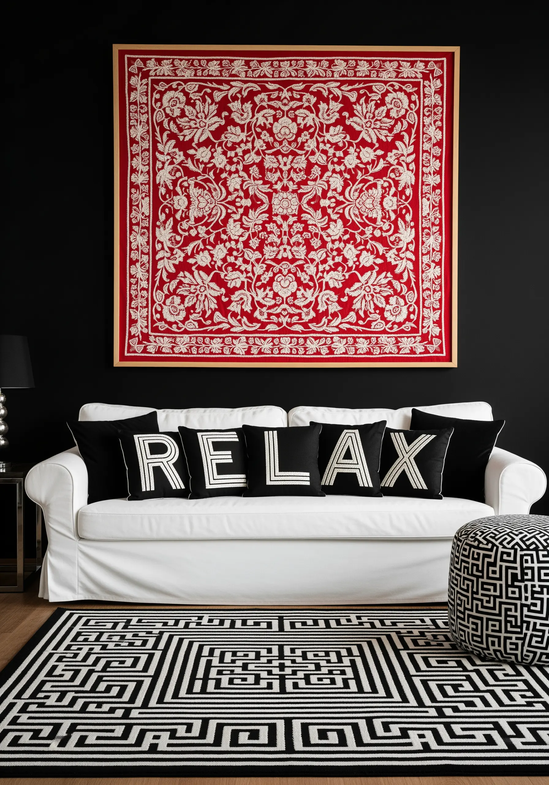 A large, framed red-and-white intricate floral textile hung on a black wall.