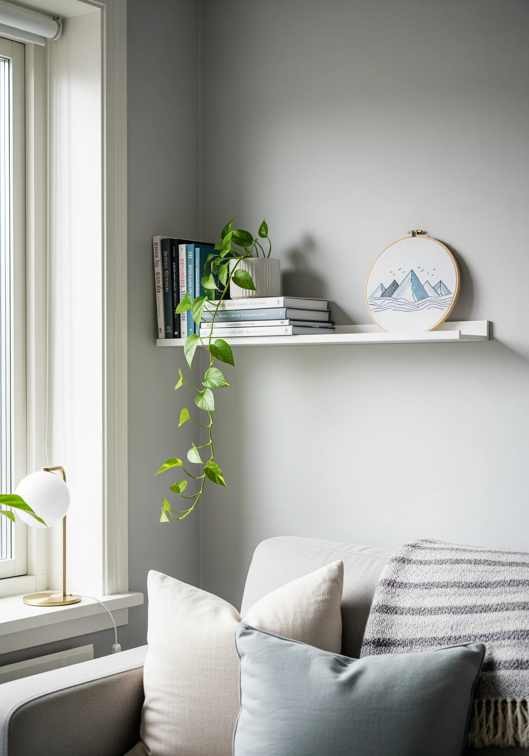 Minimalist mountain range embroidered in a simple wooden hoop on a white shelf.