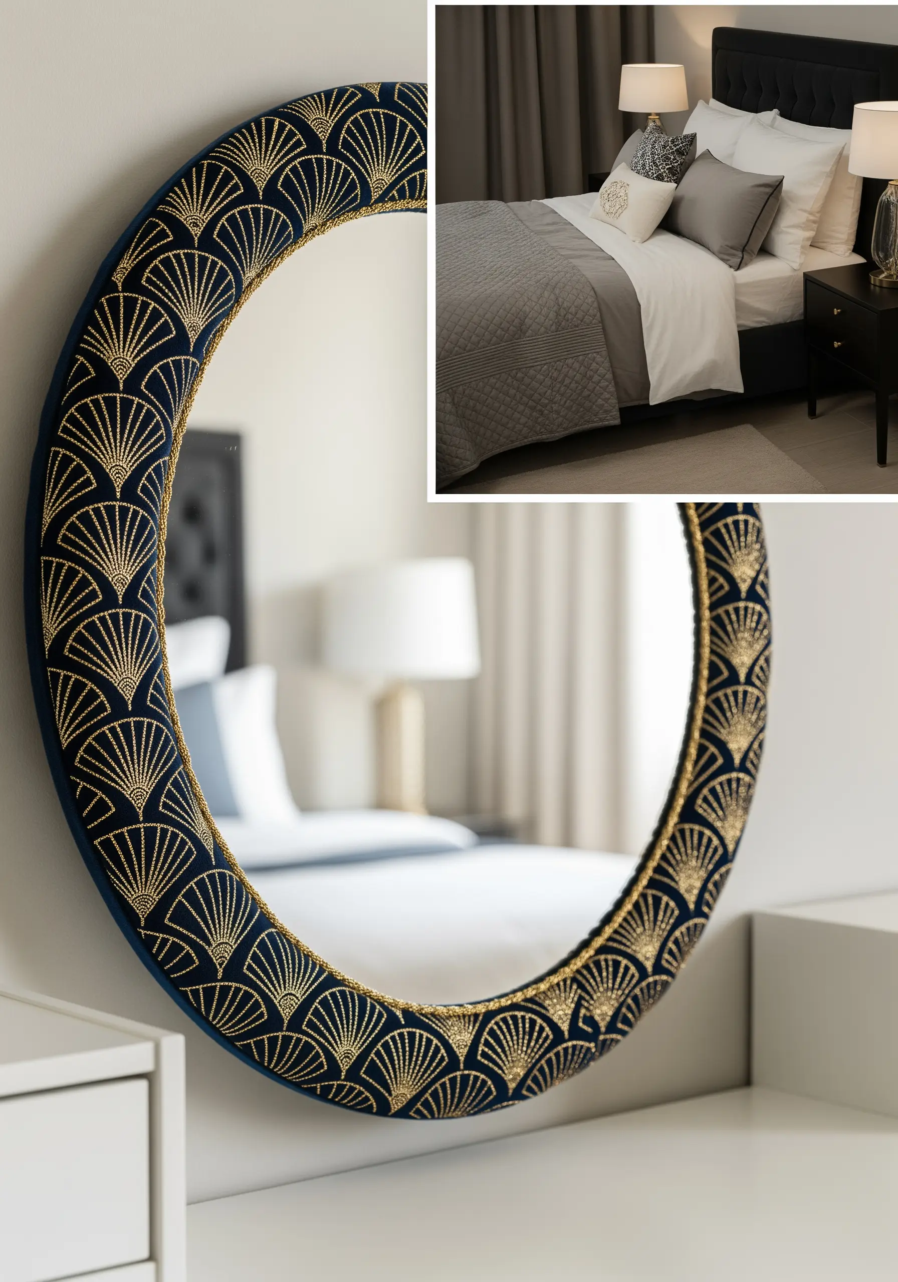 Oval mirror with a navy velvet frame embroidered with gold Art Deco fan patterns.
