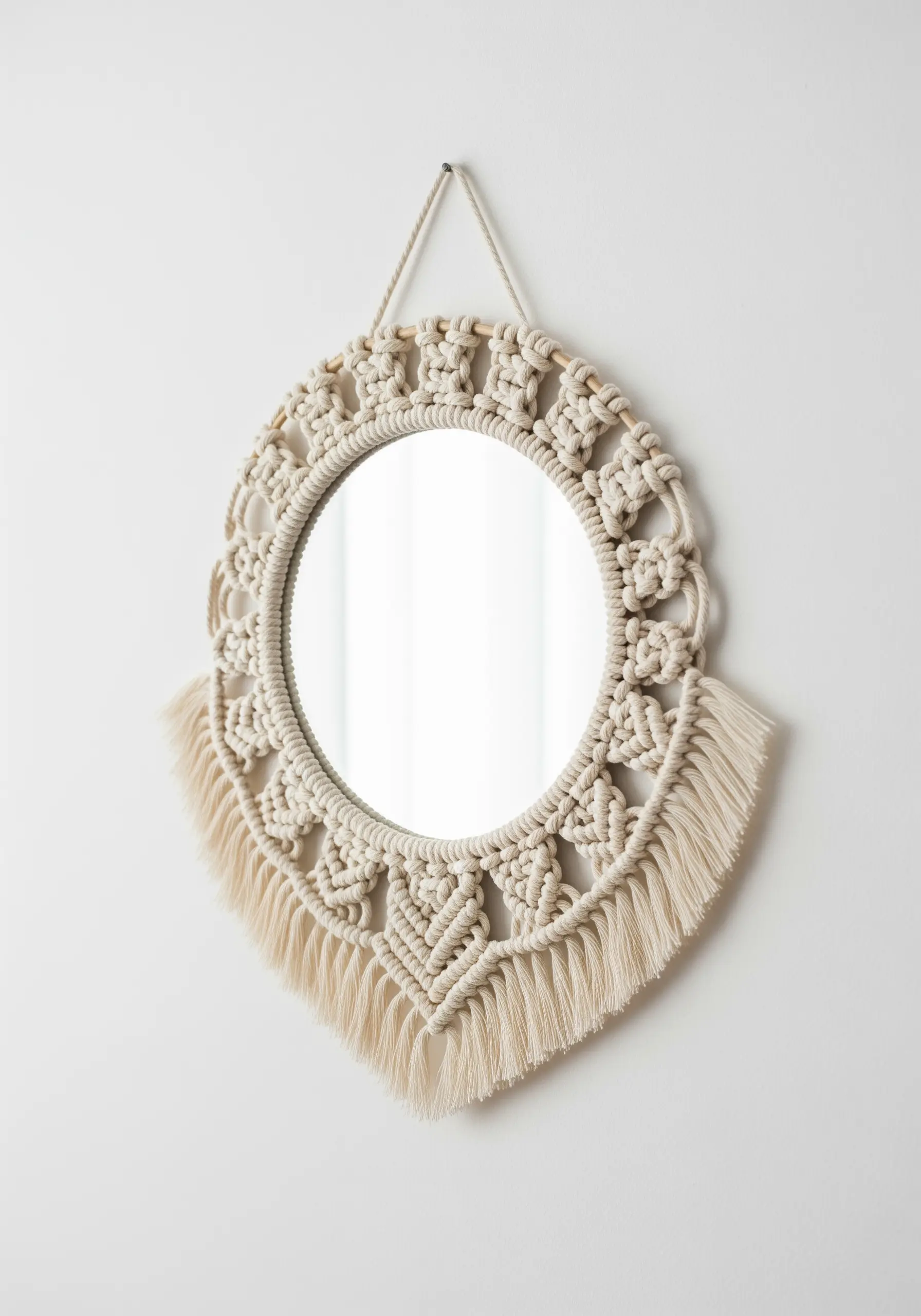 A round mirror framed with intricate macrame knots and a soft fringe at the bottom.