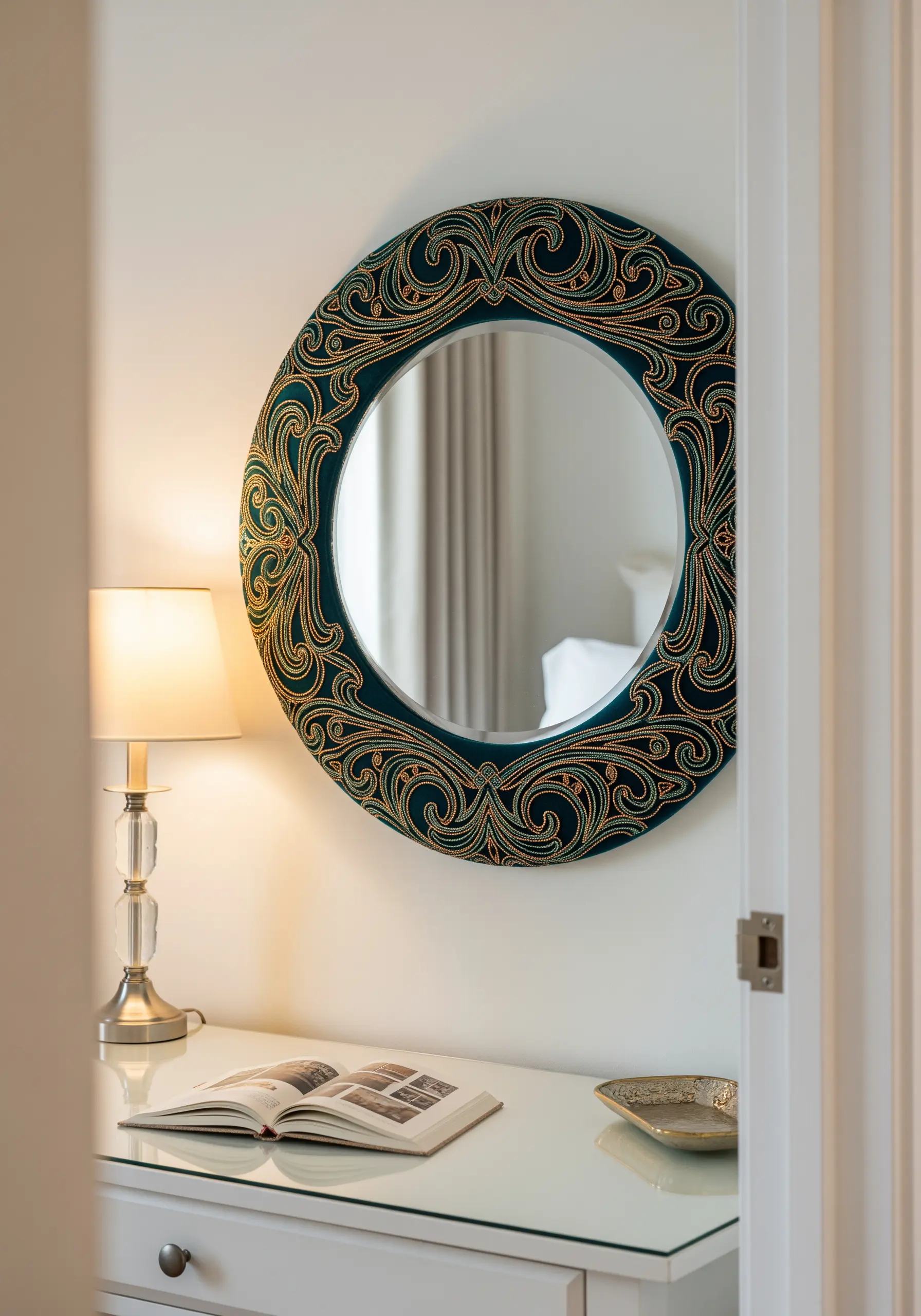 A round mirror with an intricately embroidered and beaded dark teal frame.