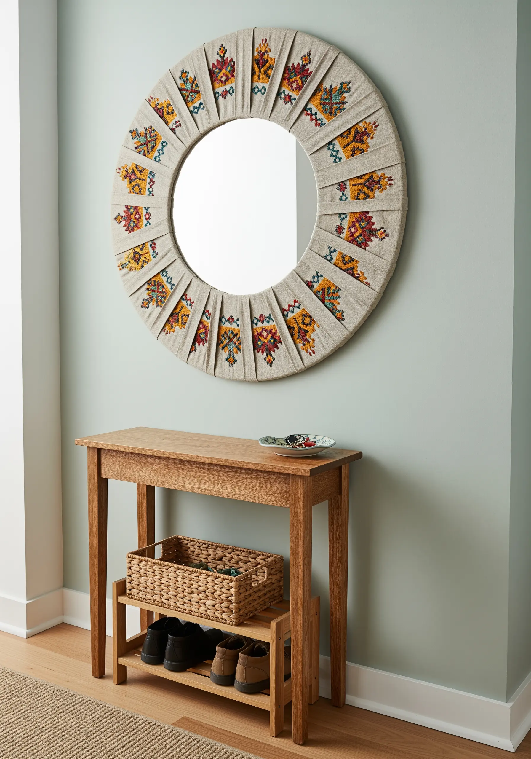 A round mirror framed with pleated and patterned embroidered fabric in warm tones.